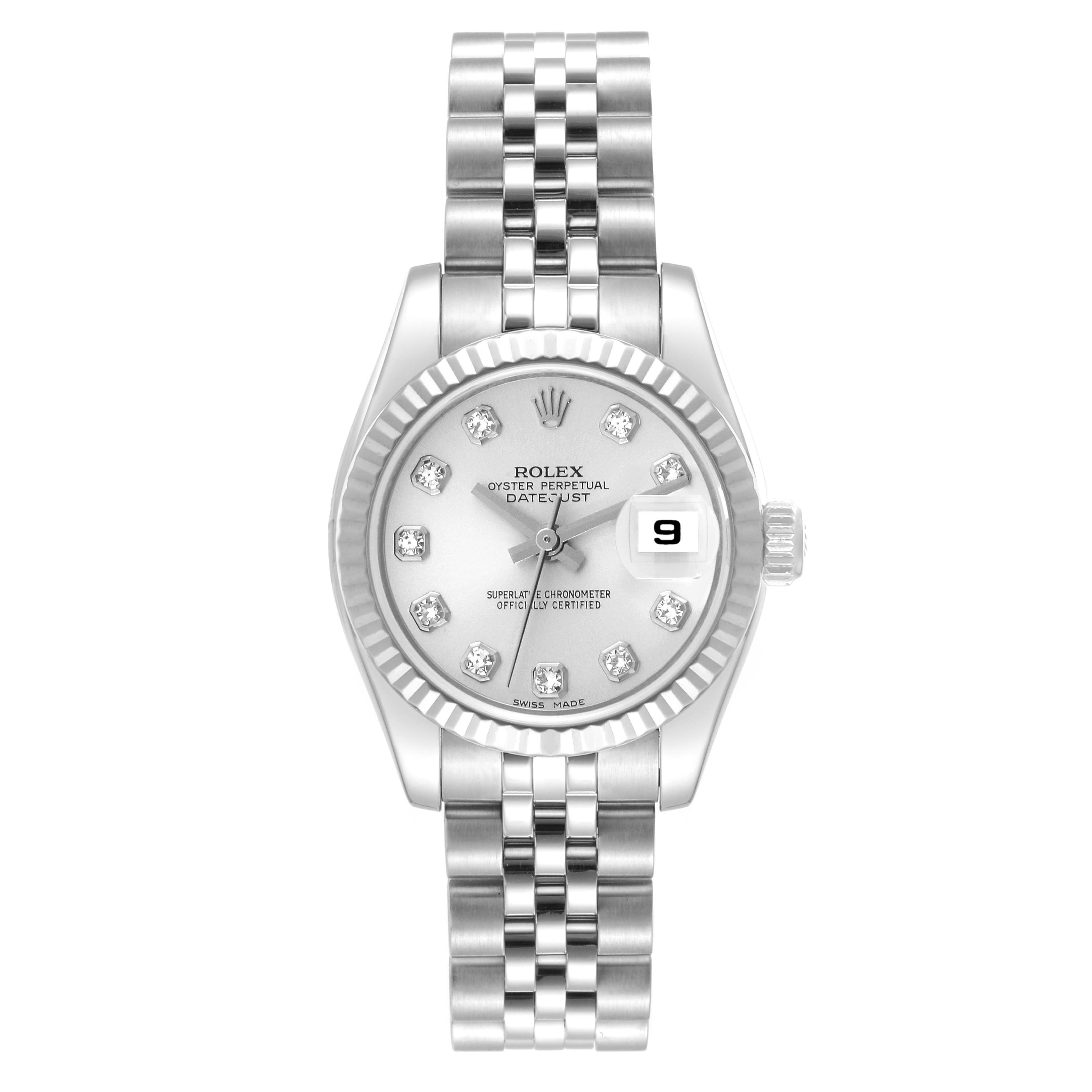 The Rolex Datejust 179174 Women's Stainless Steel Silver Dial 179174 Women's Stainless Steel Silver Dial watch is shown from the front, highlighting the face, bezel, dial, bracelet, and date window.