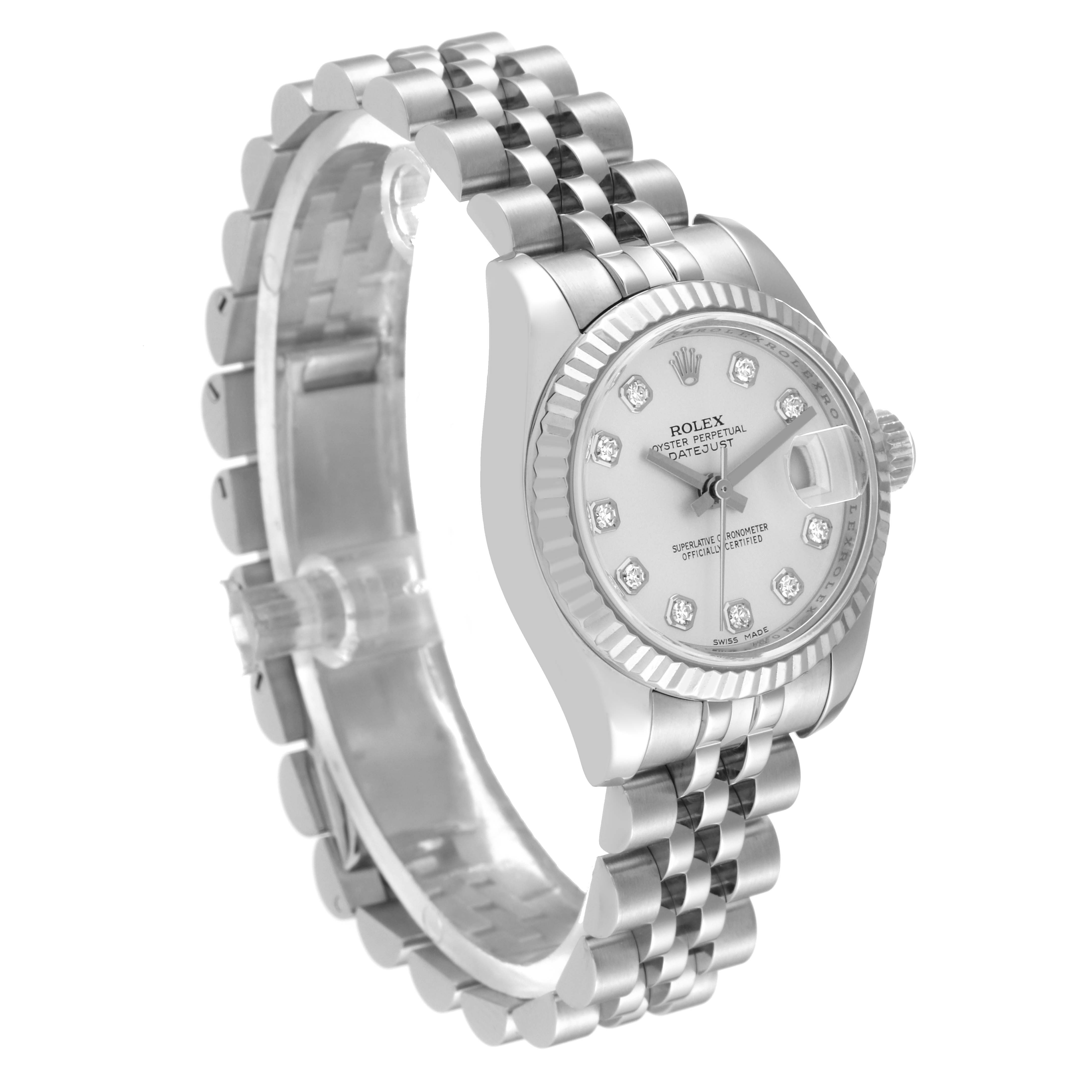 The image shows a Rolex Datejust 179174 Women's Stainless Steel Silver Dial 179174 Women's Stainless Steel Silver Dial watch at an angled side view, highlighting its bracelet, bezel, and face.