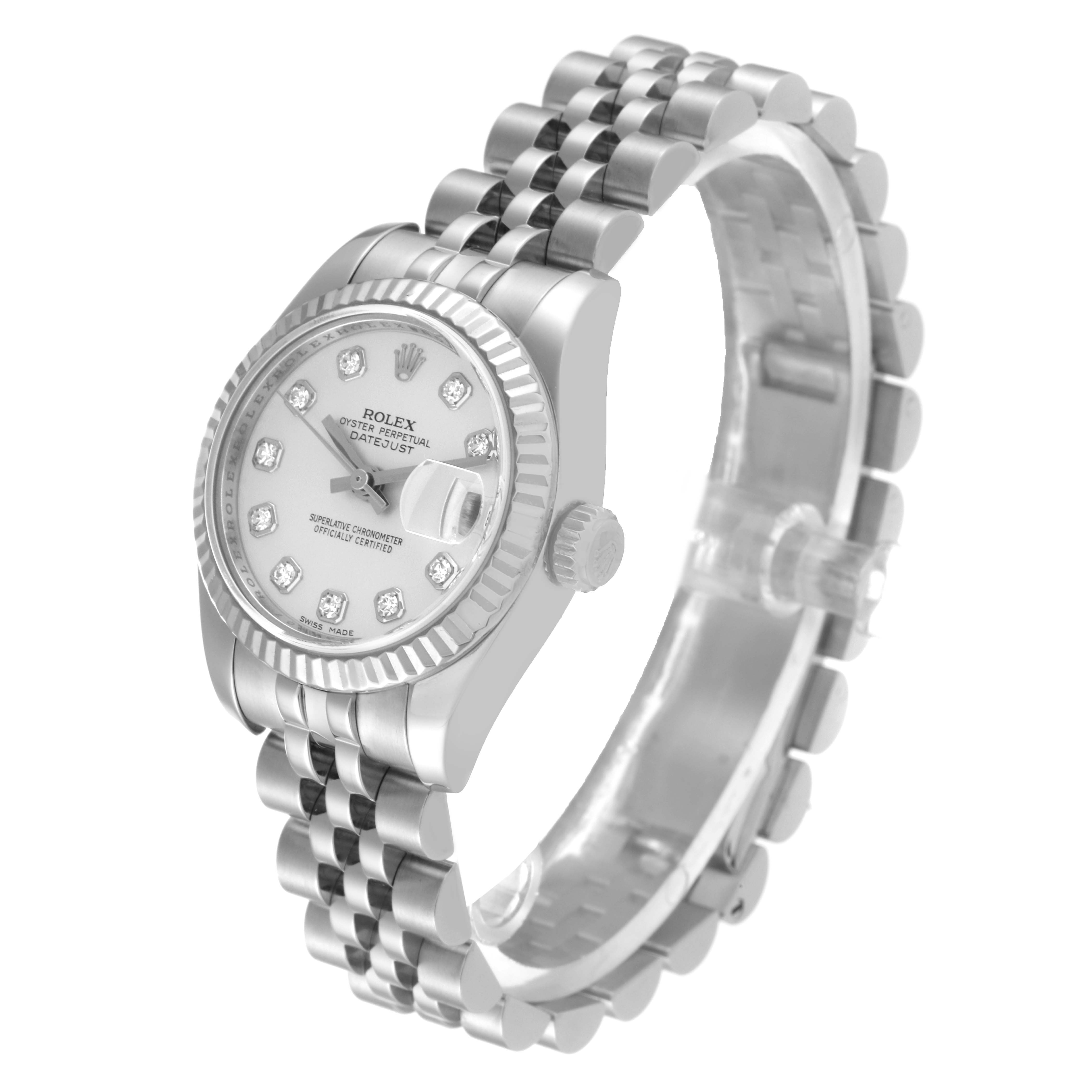 The Rolex Datejust 179174 Women's Stainless Steel Silver Dial 179174 Women's Stainless Steel Silver Dial watch is shown at a three-fourths angle, displaying its face, bezel, crown, and bracelet.