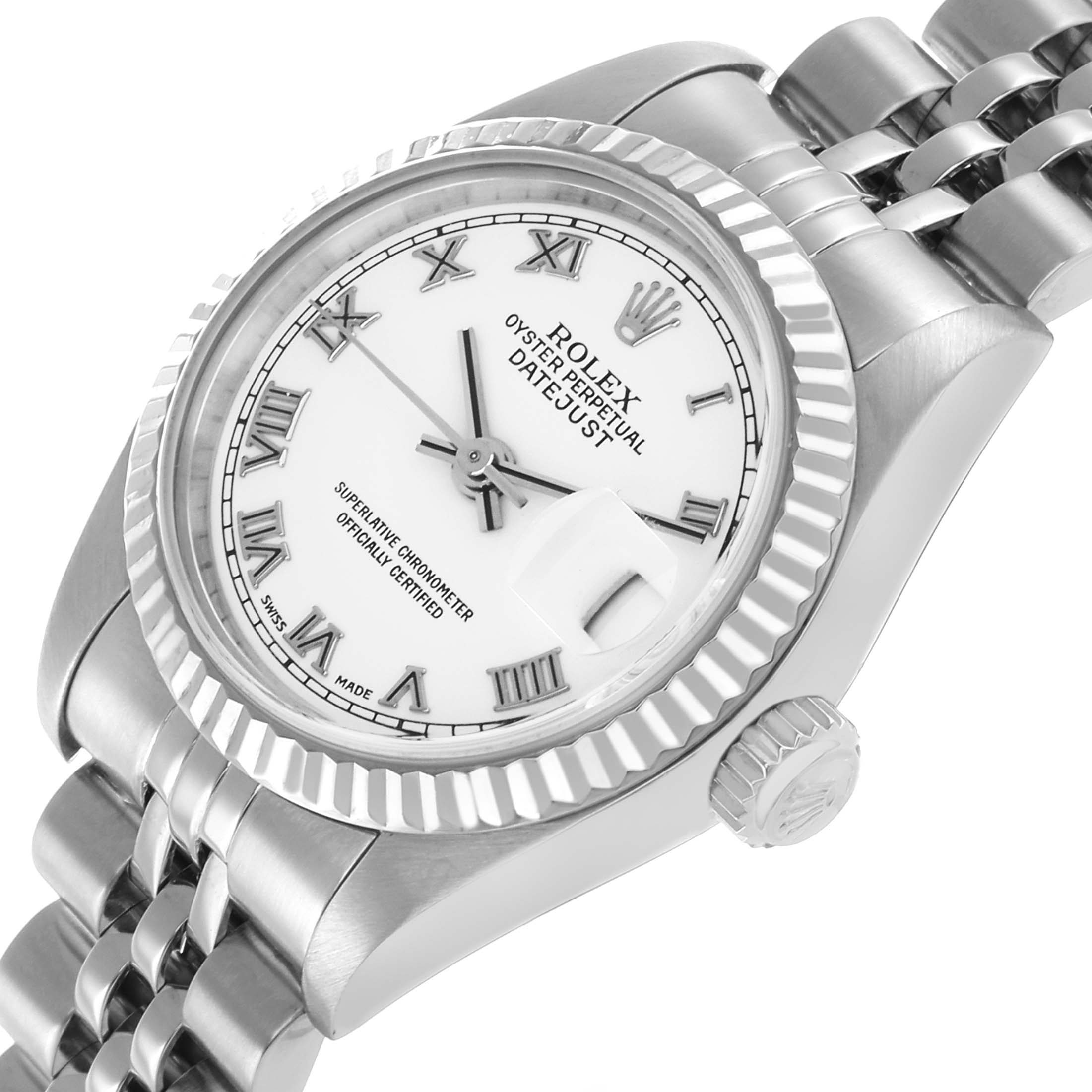 The Rolex Datejust 79174 Women's Stainless Steel White Dial watch is shown at a three-quarter angle, highlighting the dial, fluted bezel, crown, and part of the Jubilee bracelet.