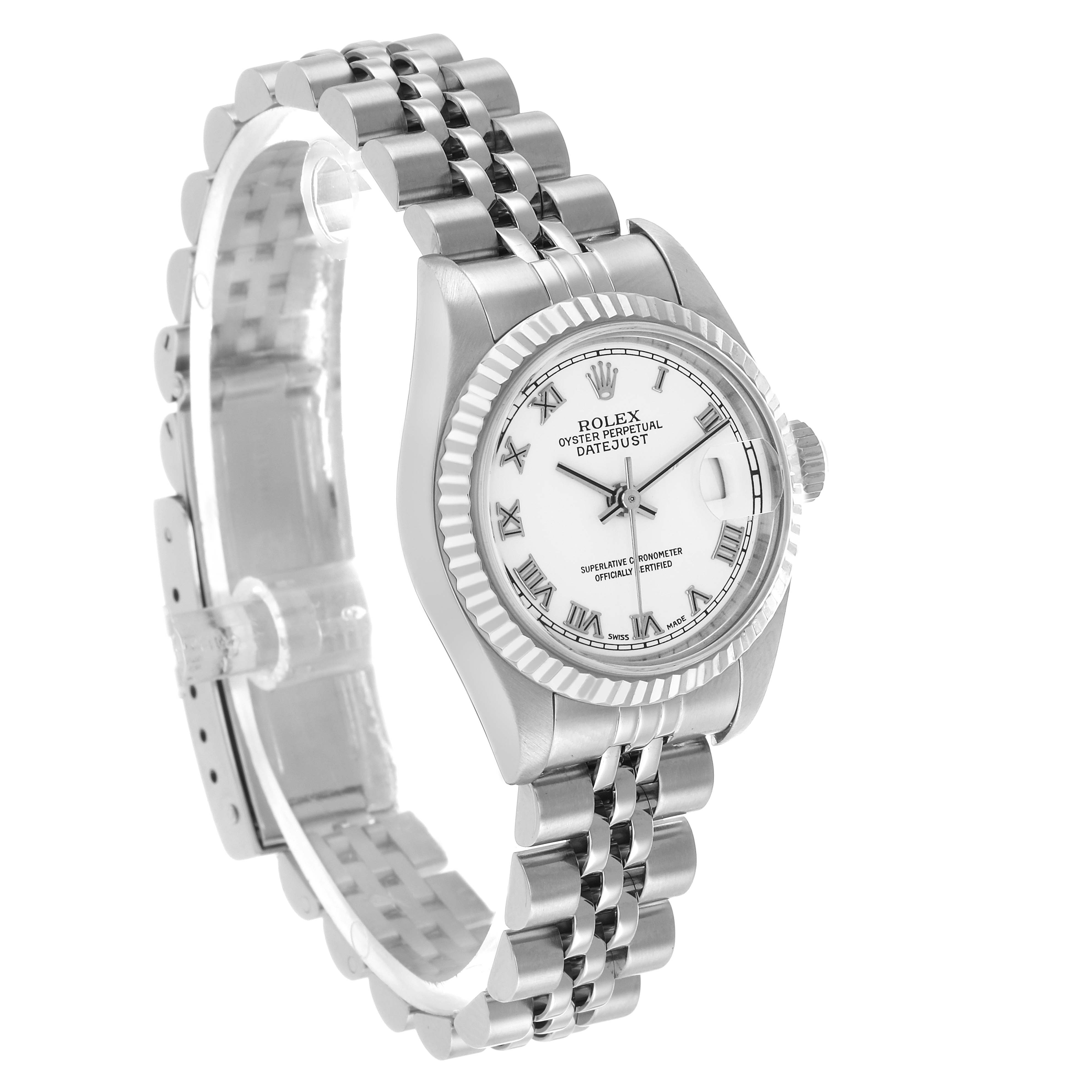The Rolex Datejust 79174 Women's Stainless Steel White Dial watch is shown at a 3/4 angle displaying the face, bezel, dial, and bracelet clearly.