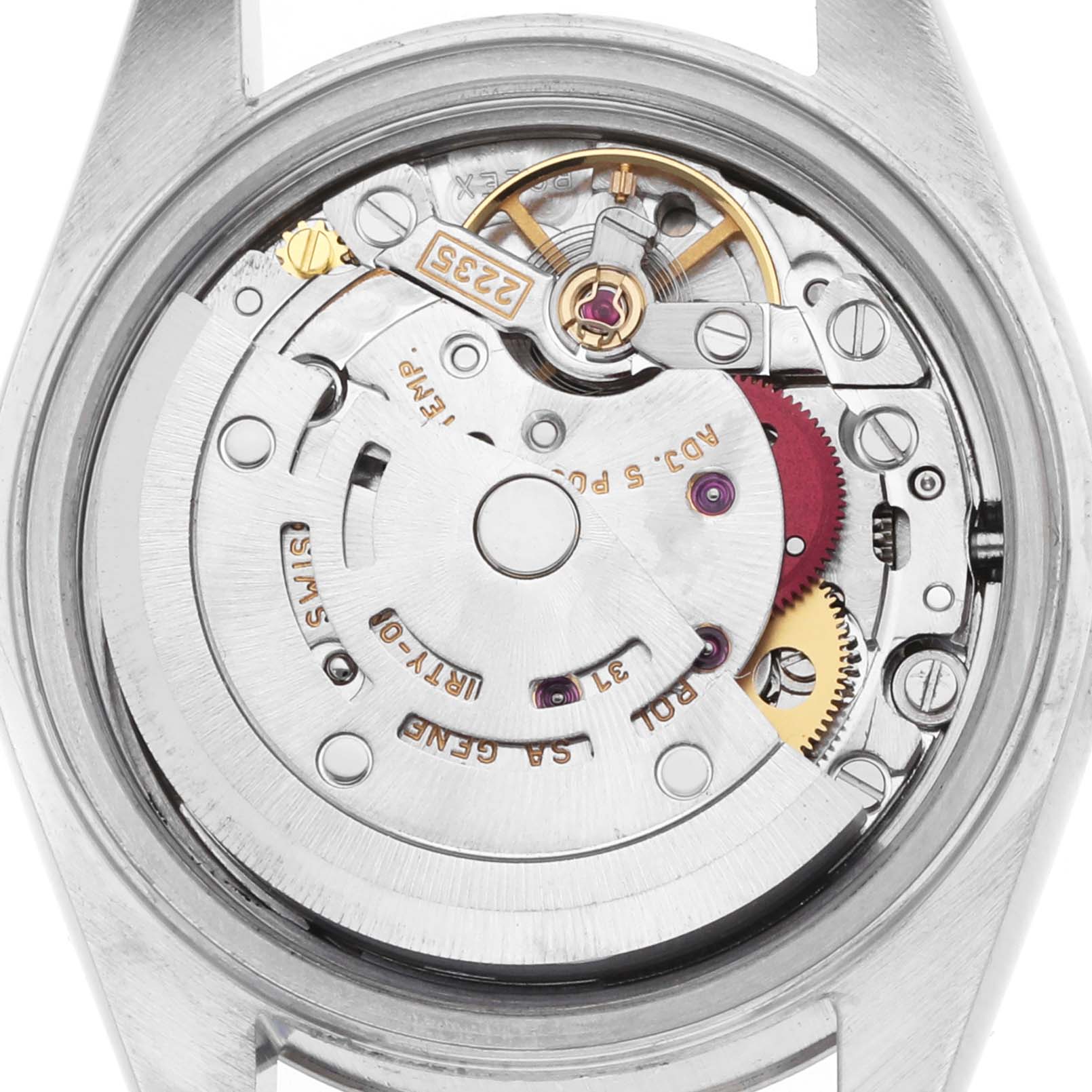 The image shows the back view of a Rolex Datejust 79174 Women's Stainless Steel White Dial, highlighting its automatic movement mechanism.