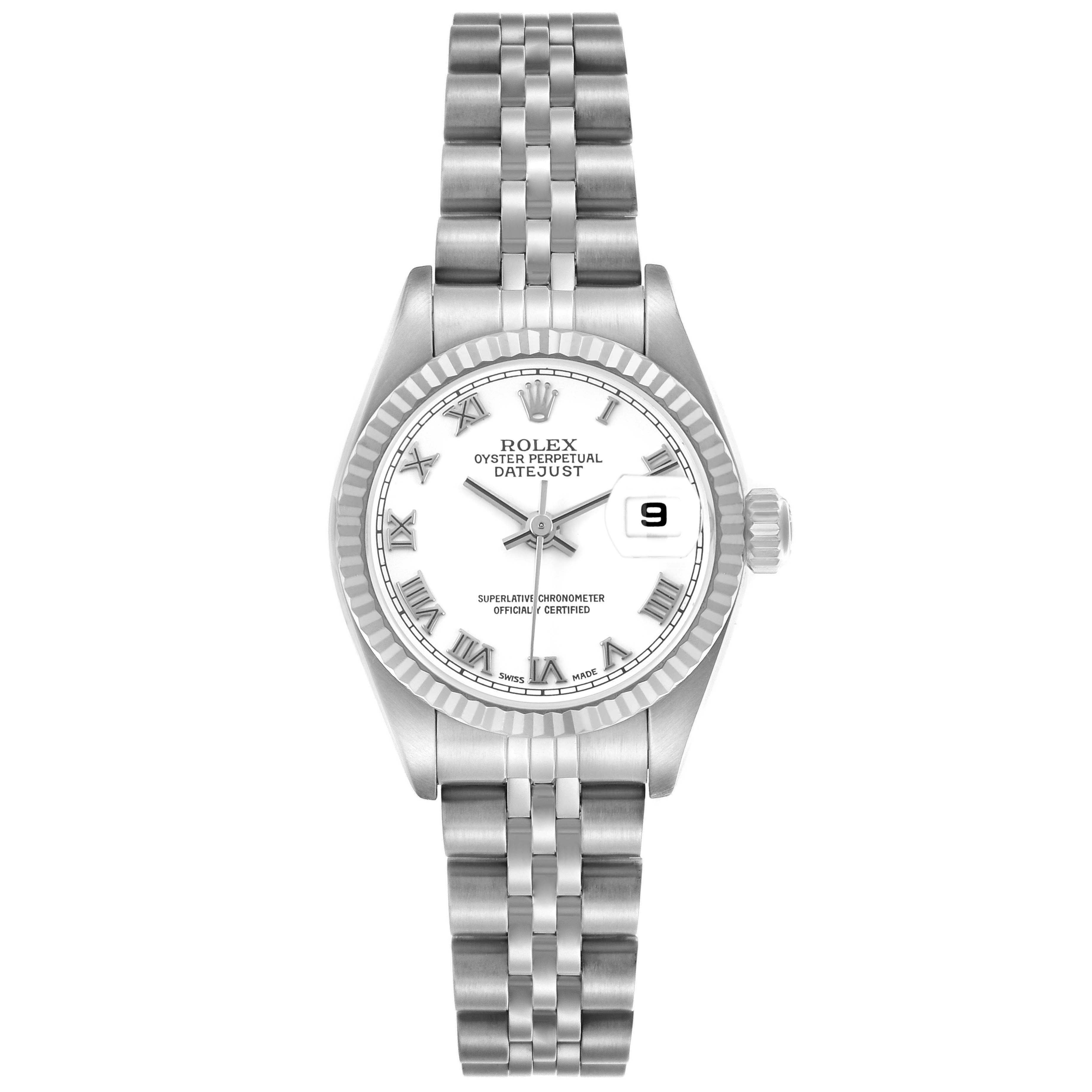 The Rolex Datejust 79174 Women's Stainless Steel White Dial watch is shown from a top-down angle, highlighting the dial, bezel, and bracelet.