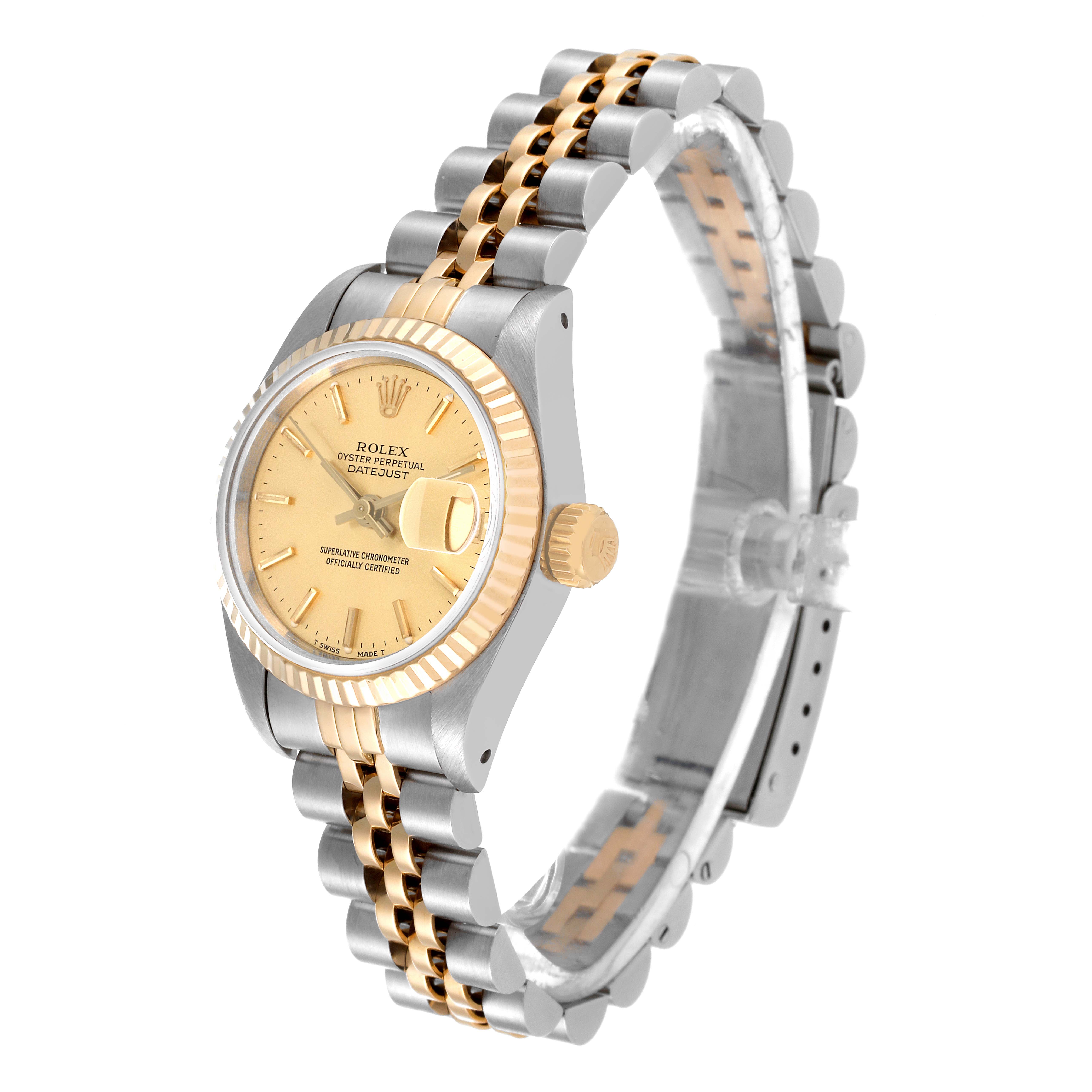 This Rolex Datejust 69173 Women's Steel and Gold (two tone) Champagne Dial 69173 Women's Steel and Gold (two tone) Champagne Dial watch is shown at a three-quarter angle displaying the face, bezel, crown, and part of the bracelet.