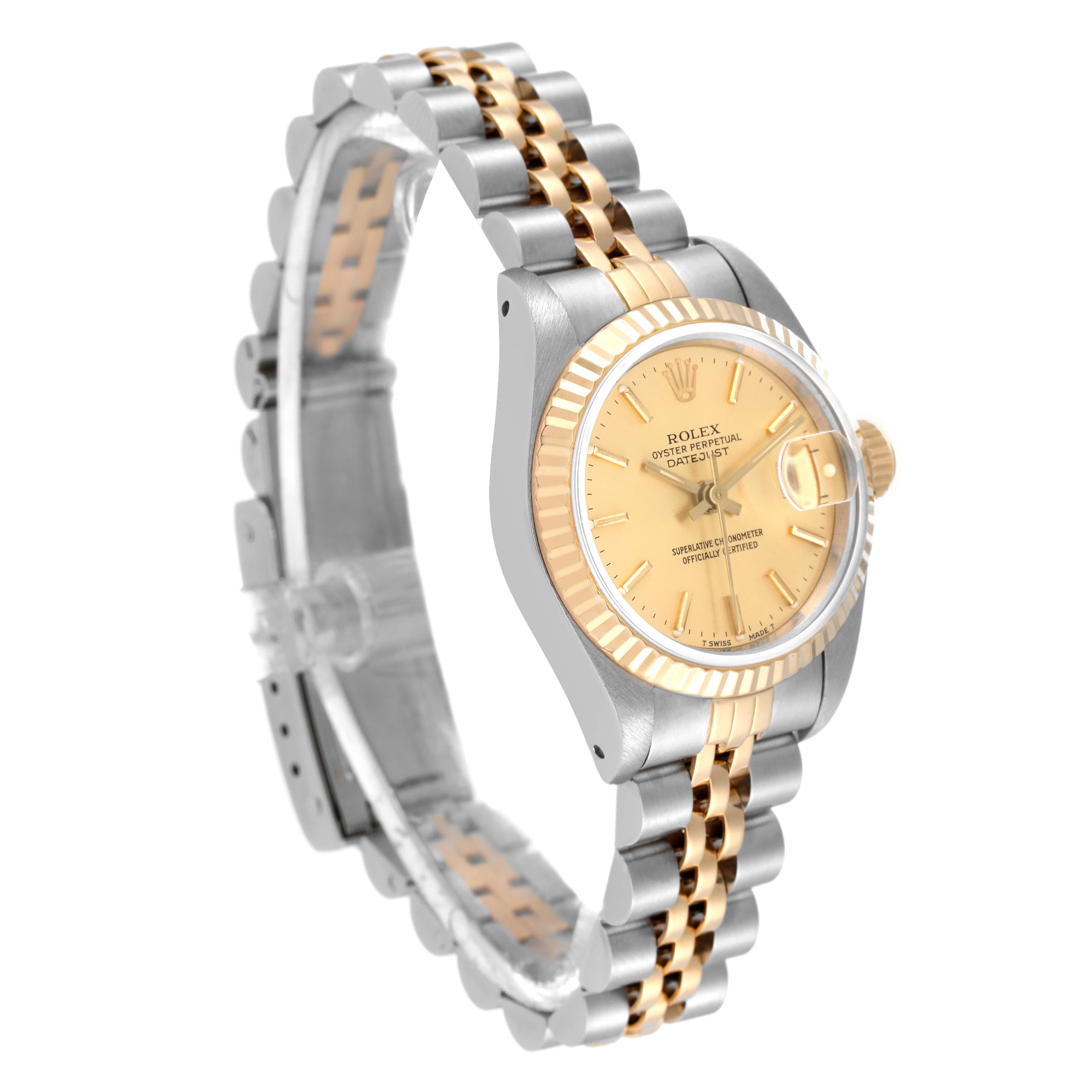 The image shows a Rolex Datejust 69173 Women's Steel and Gold (two tone) Champagne Dial 69173 Women's Steel and Gold (two tone) Champagne Dial watch angled to display its face, the fluted bezel, and the jubilee bracelet.
