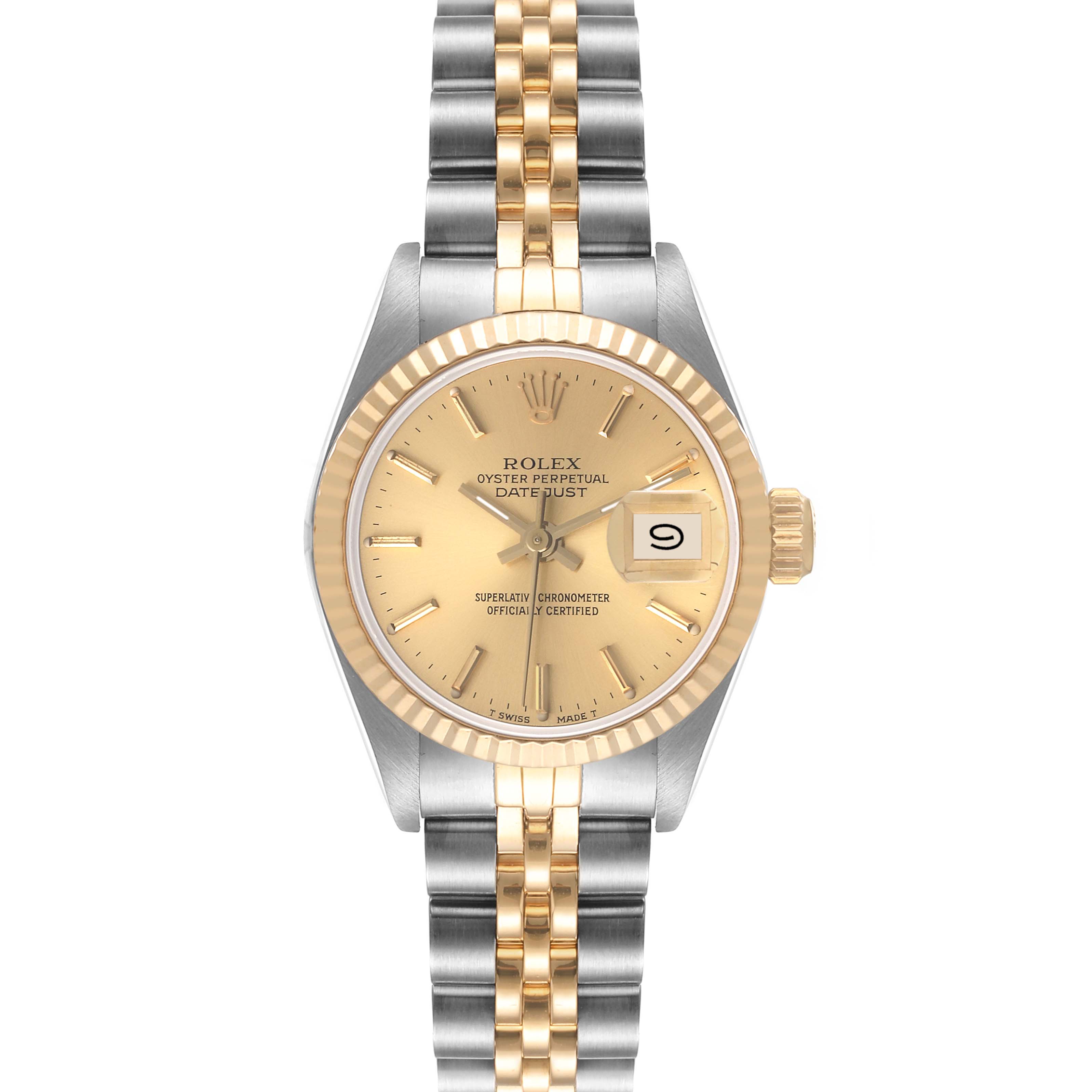 This image shows a front view of a Rolex Datejust 69173 Women's Steel and Gold (two tone) Champagne Dial 69173 Women's Steel and Gold (two tone) Champagne Dial watch, displaying the face, bezel, crown, and bracelet.