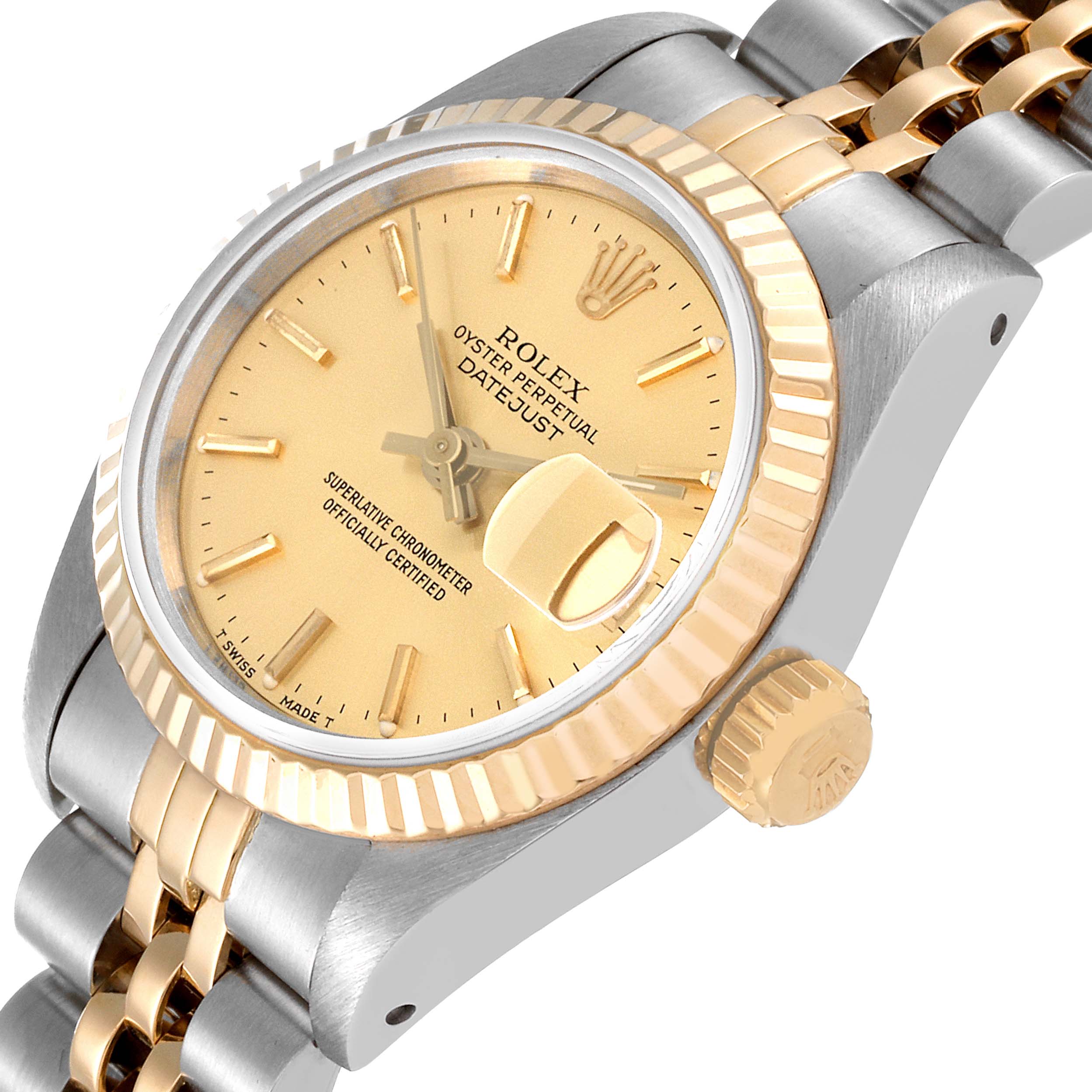 The image shows a Rolex Datejust 69173 Women's Steel and Gold (two tone) Champagne Dial 69173 Women's Steel and Gold (two tone) Champagne Dial watch at a slight angle, highlighting the dial, bezel, crown, and part of the bracelet.