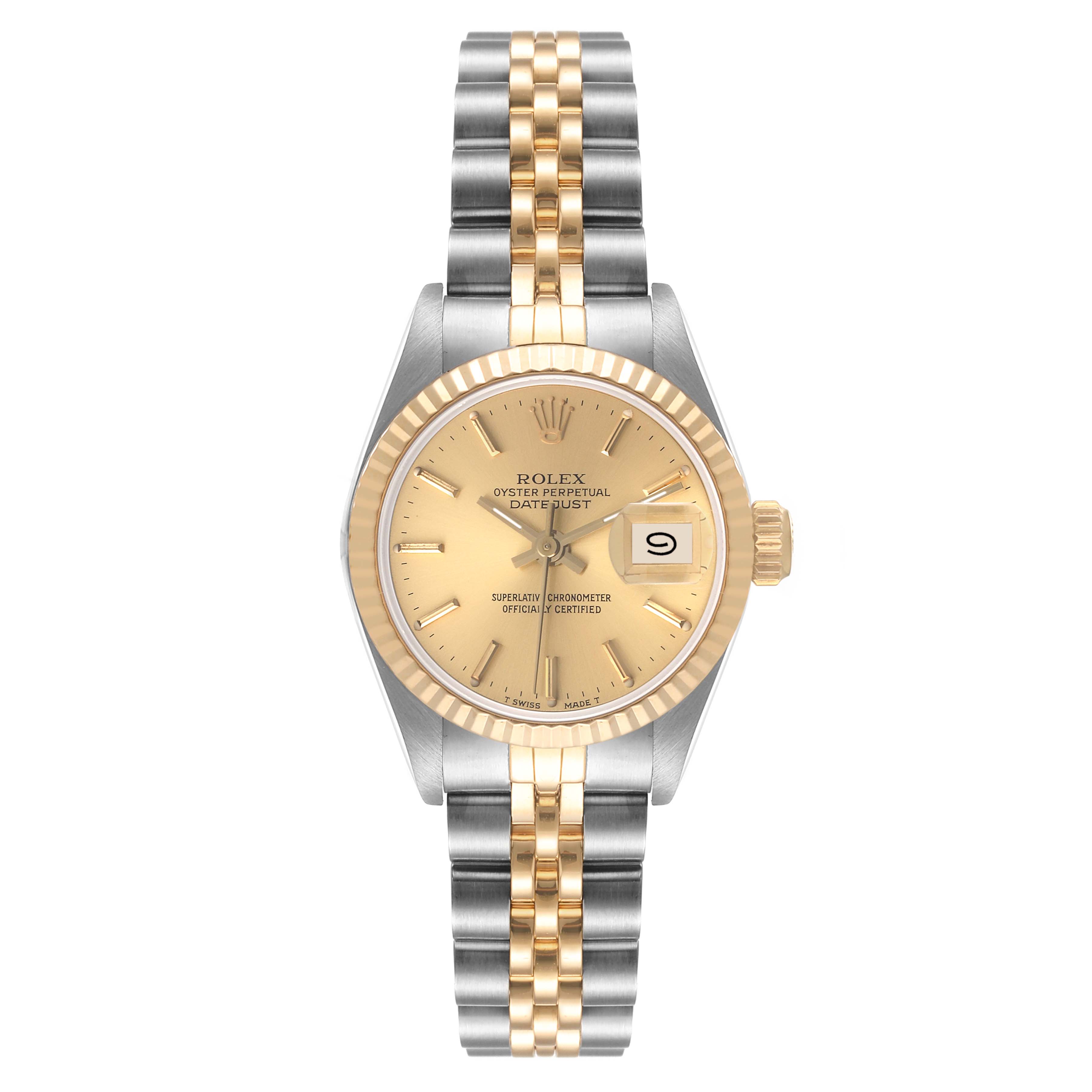 The image shows a Rolex Datejust 69173 Women's Steel and Gold (two tone) Champagne Dial 69173 Women's Steel and Gold (two tone) Champagne Dial watch with a two-tone bracelet, gold bezel, champagne dial, and date display at 3 o'clock.