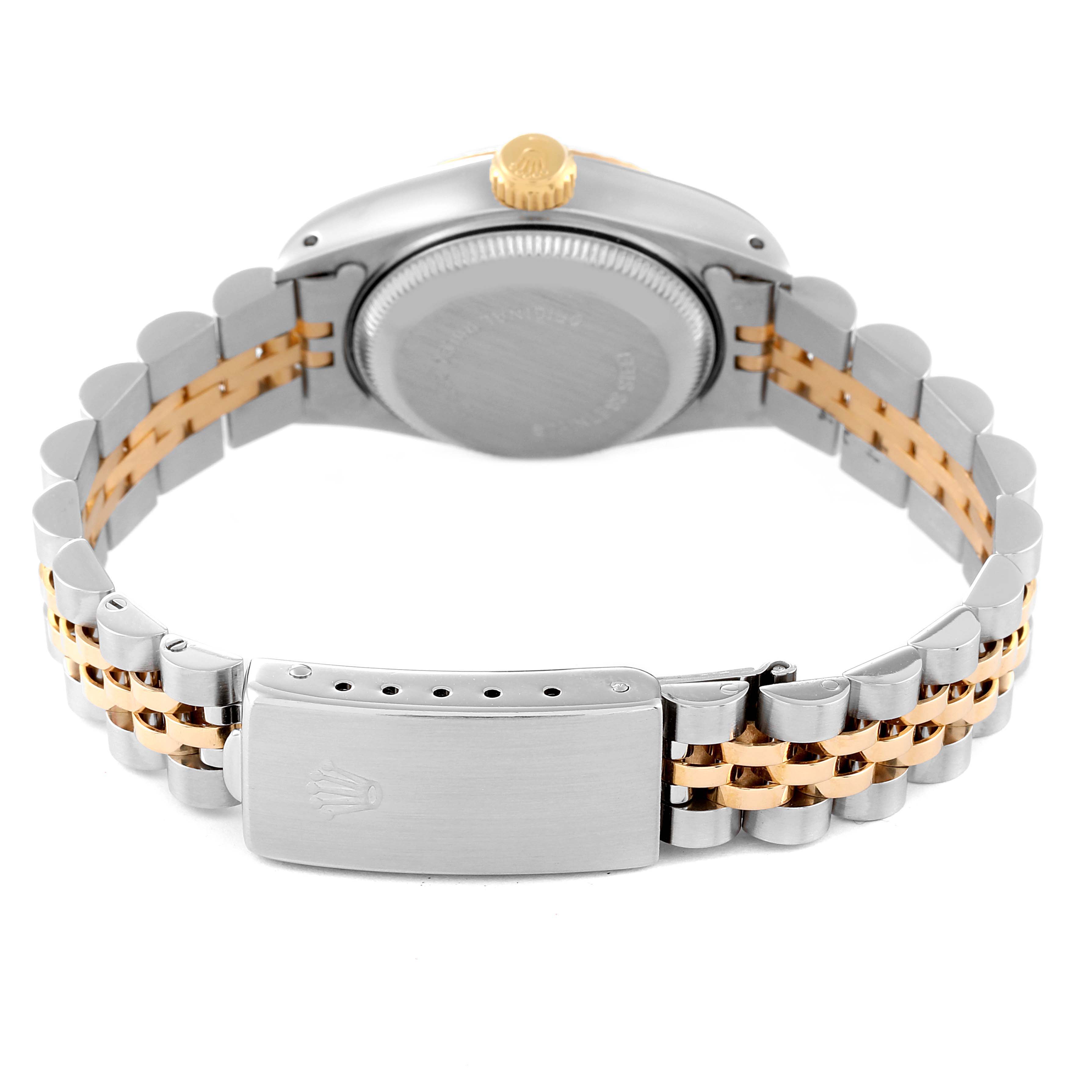 The image shows the back of the Rolex Datejust 69173 Women's Steel and Gold (two tone) Champagne Dial 69173 Women's Steel and Gold (two tone) Champagne Dial watch, highlighting the clasp, bracelet, and case back.