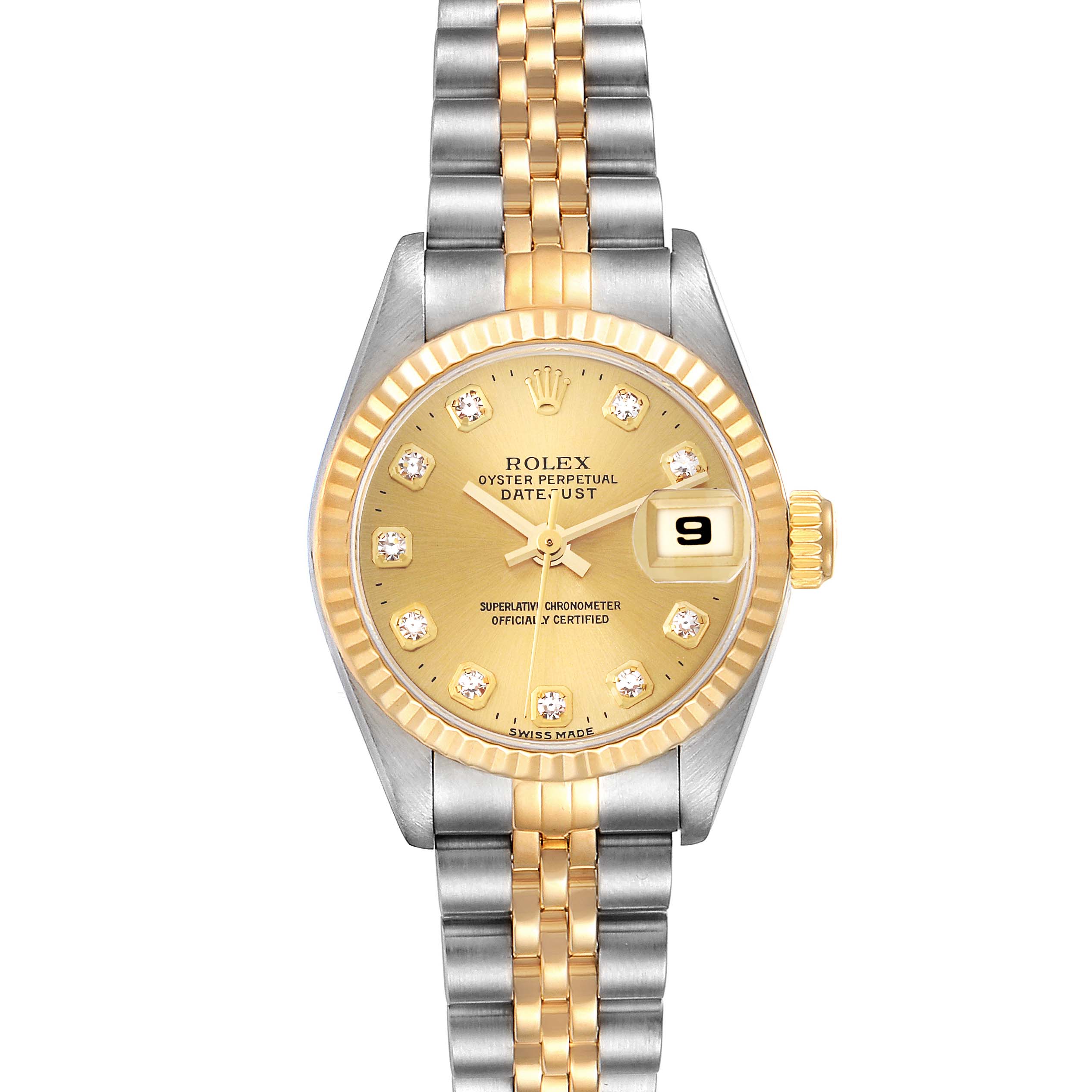 This image shows a Rolex Datejust 69173 Women's Steel and Gold (two tone) Champagne Dial 69173 Women's Steel and Gold (two tone) Champagne Dial watch from a top-down angle, highlighting its dial, bezel, and two-tone bracelet.