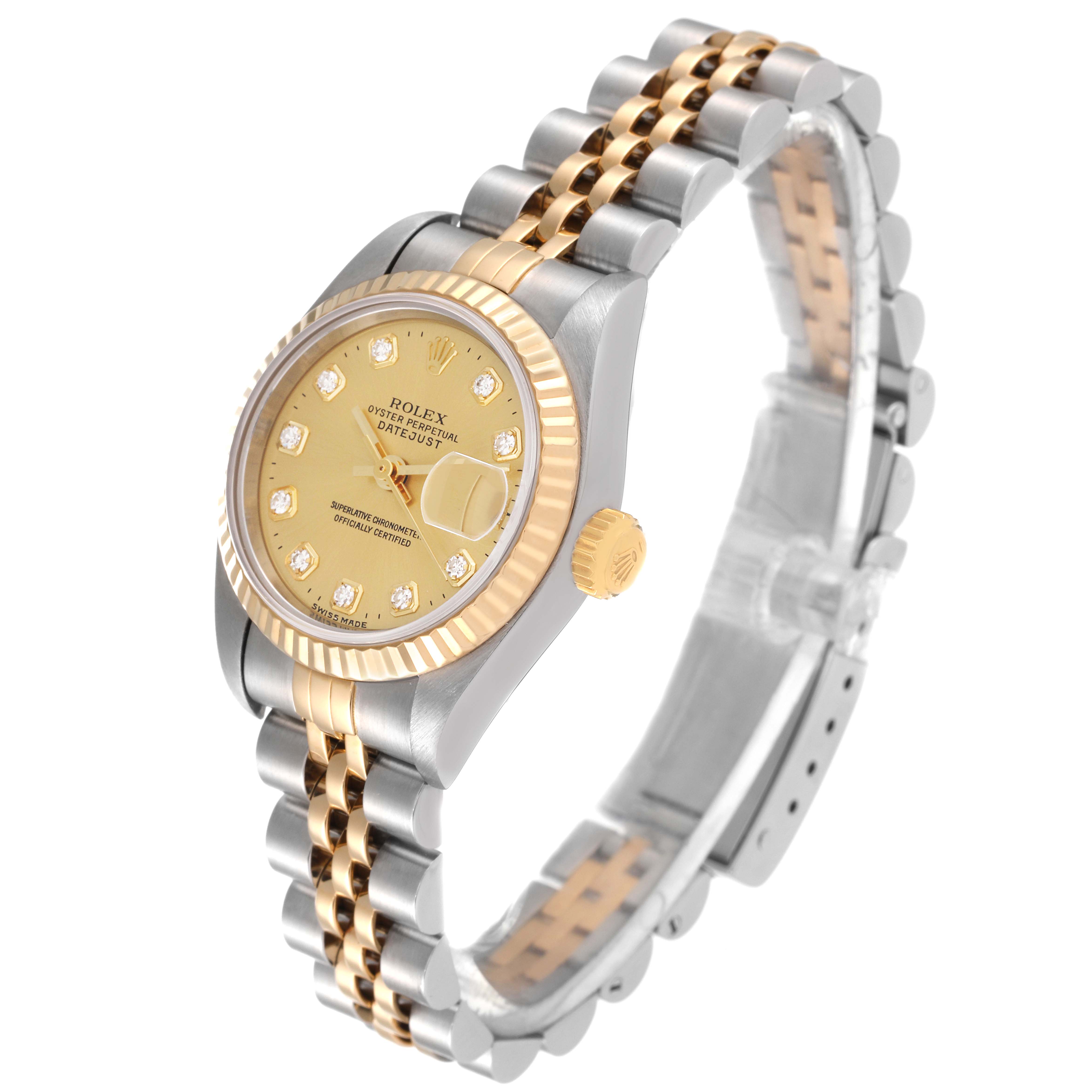 This image shows a Rolex Datejust 69173 Women's Steel and Gold (two tone) Champagne Dial 69173 Women's Steel and Gold (two tone) Champagne Dial watch at a three-quarter angle, highlighting the gold dial, bezel, and two-tone bracelet.
