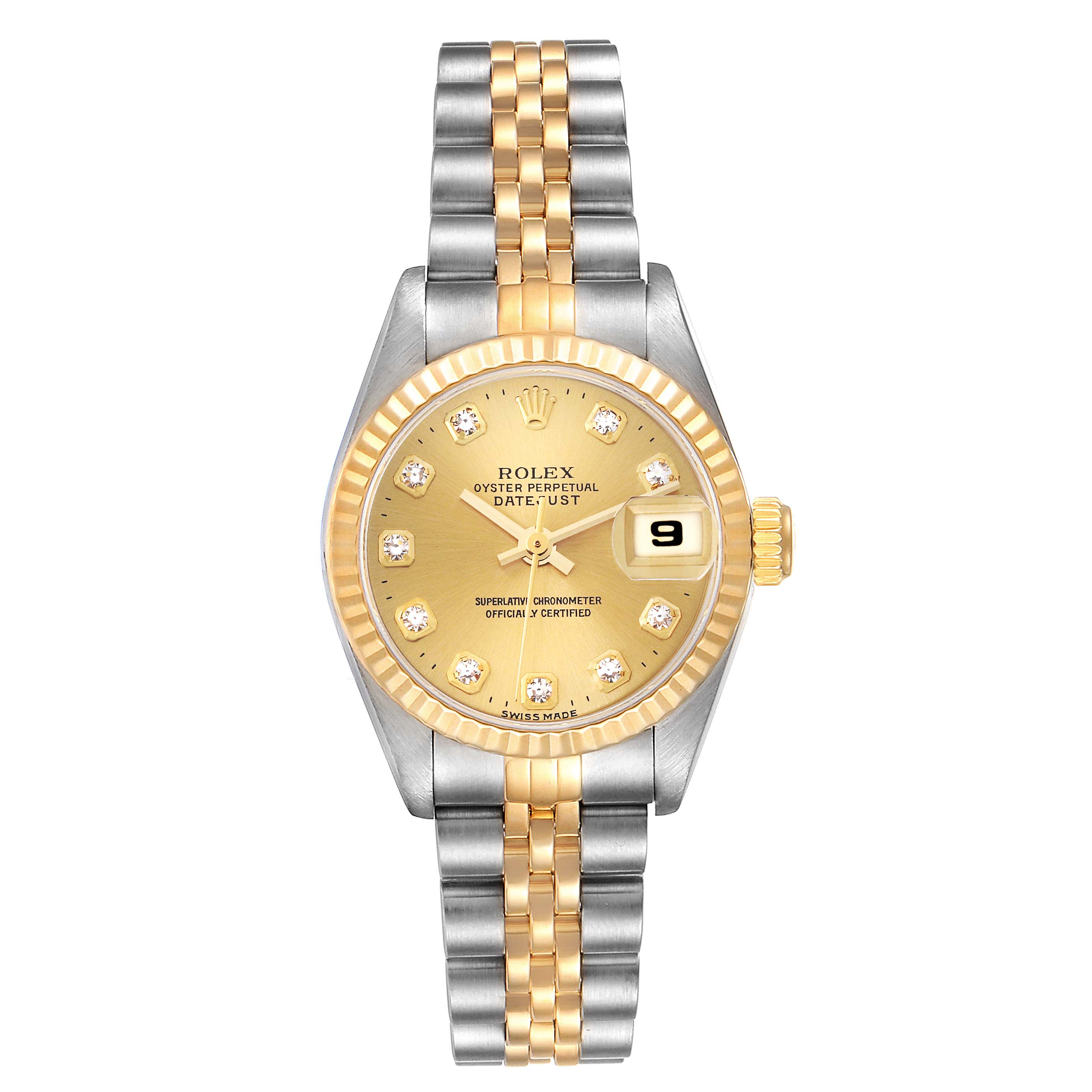 This image shows a Rolex Datejust 69173 Women's Steel and Gold (two tone) Champagne Dial 69173 Women's Steel and Gold (two tone) Champagne Dial watch from a front angle, highlighting the dial, bezel, bracelet, and date window.