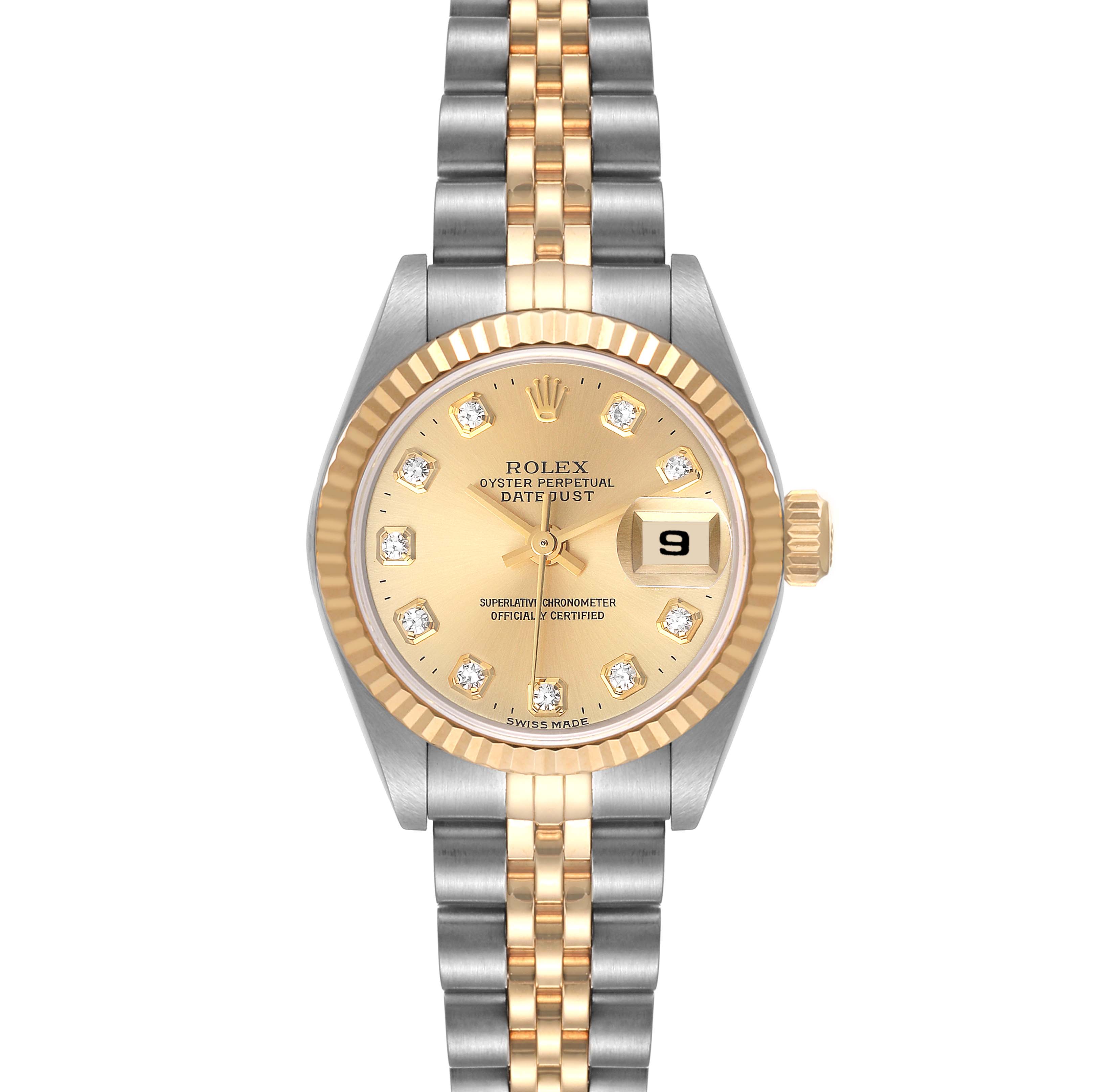 The image shows a Rolex Datejust 69173 Women's Steel and Gold (two tone) Champagne Dial 69173 Women's Steel and Gold (two tone) Champagne Dial watch with a gold dial, diamond hour markers, two-tone bracelet, and fluted bezel from the front angle.
