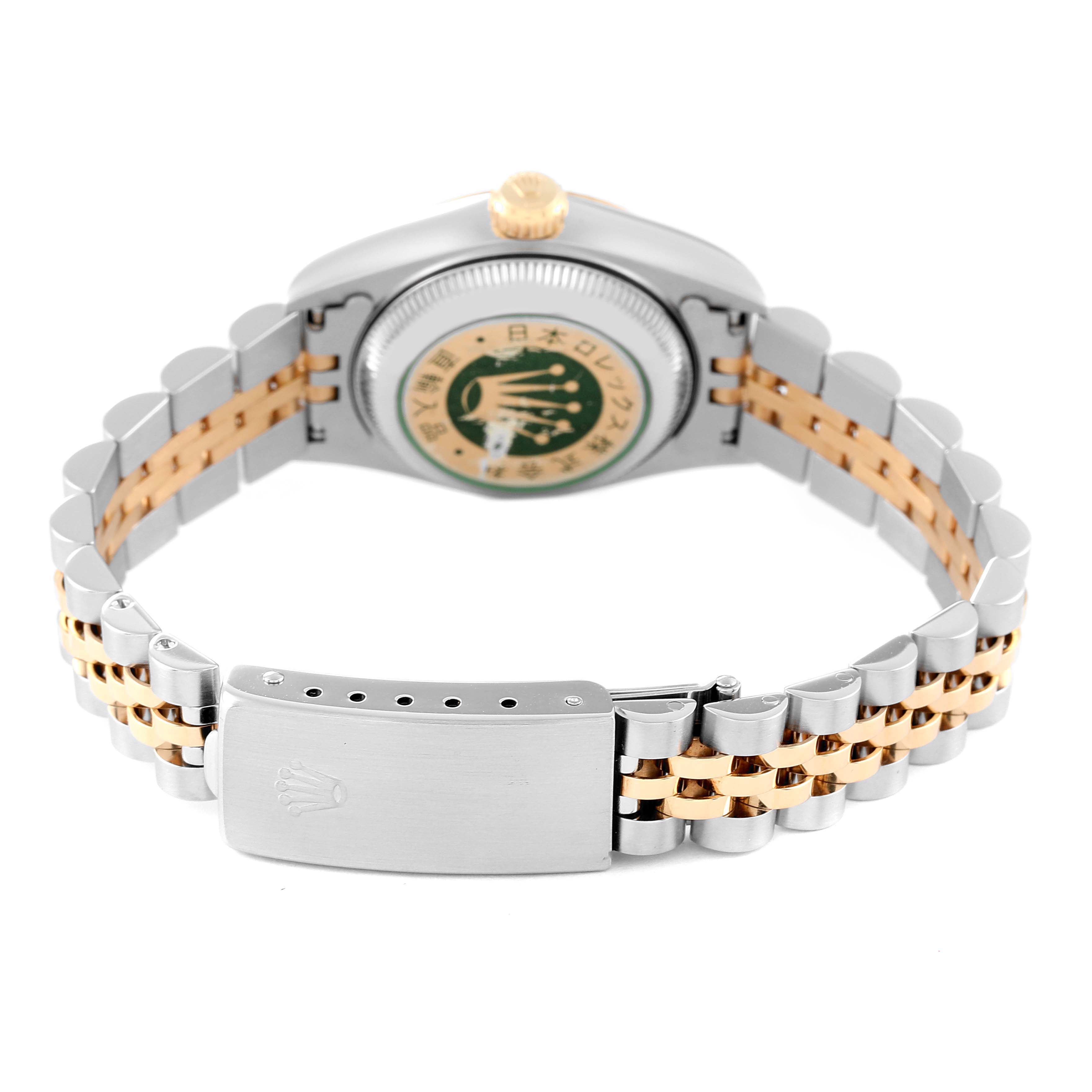 This image shows the back view of a Rolex Datejust 69173 Women's Steel and Gold (two tone) Champagne Dial 69173 Women's Steel and Gold (two tone) Champagne Dial watch, focusing on the clasp and the case back.