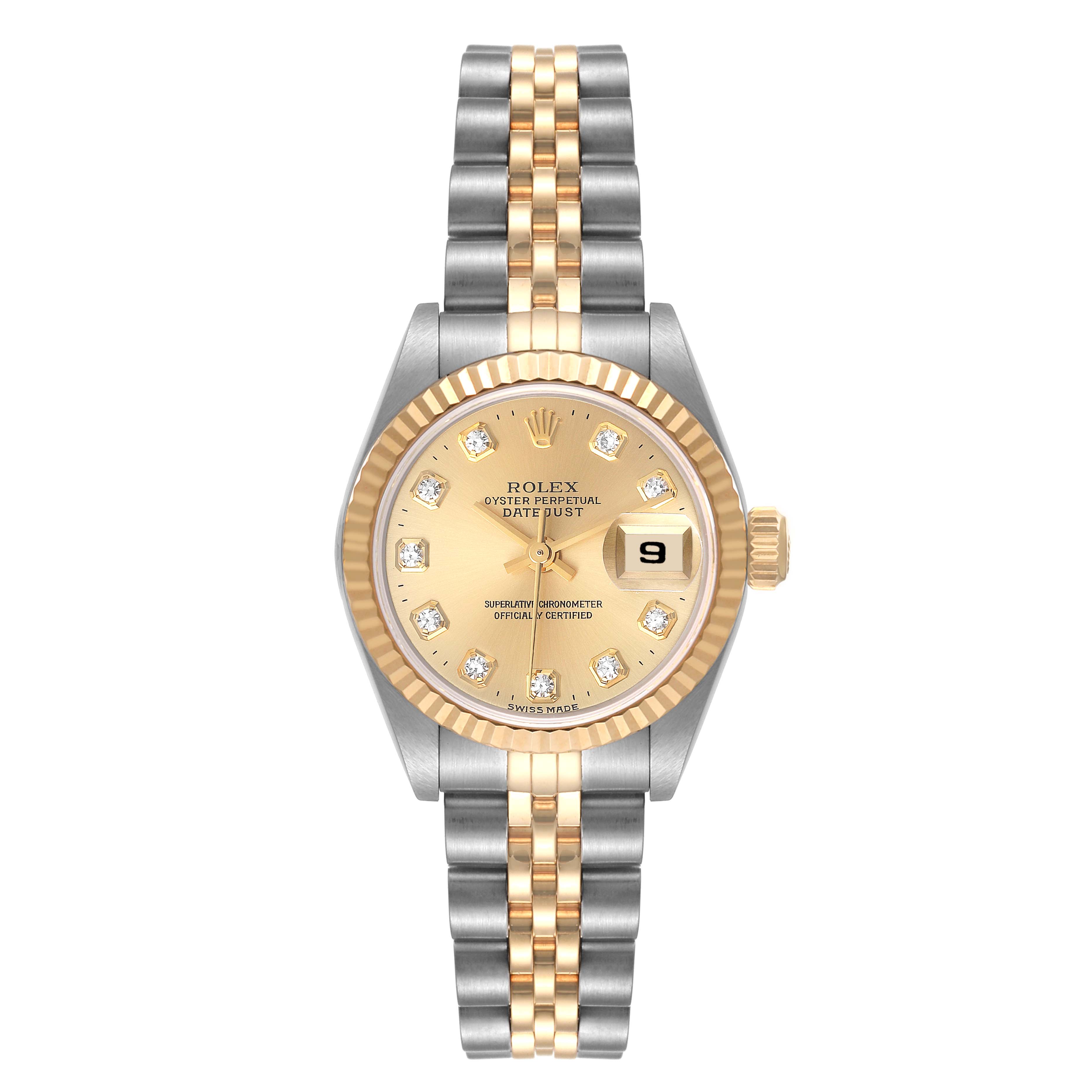 The image shows a front view of a Rolex Datejust 69173 Women's Steel and Gold (two tone) Champagne Dial 69173 Women's Steel and Gold (two tone) Champagne Dial watch, displaying its dial, bezel, and two-tone bracelet.