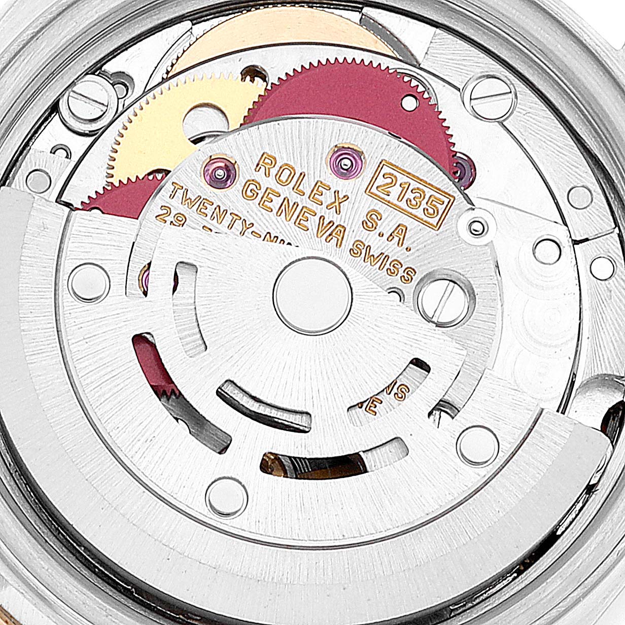 This image shows a close-up view of the movement mechanism of a Rolex Datejust 69173 Women's Steel and Gold (two tone) Champagne Dial 69173 Women's Steel and Gold (two tone) Champagne Dial watch.