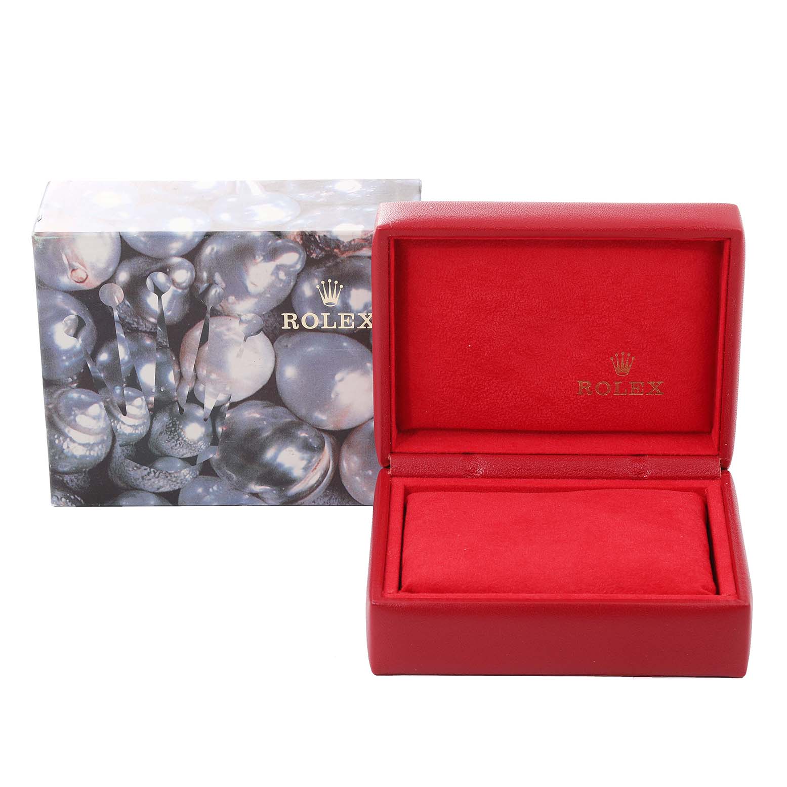 This image shows the branded box and open red case for a Rolex Datejust 69173 Women's Steel and Gold (two tone) Champagne Dial 69173 Women's Steel and Gold (two tone) Champagne Dial watch, viewed from the front angle.