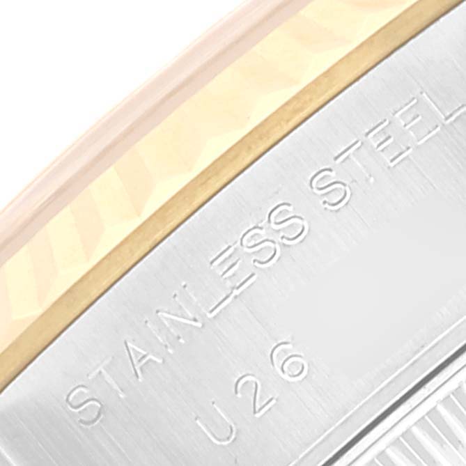 The image shows a close-up view of the stainless steel case back and part of the bezel of a Rolex Datejust 69173 Women's Steel and Gold (two tone) Champagne Dial 69173 Women's Steel and Gold (two tone) Champagne Dial watch.