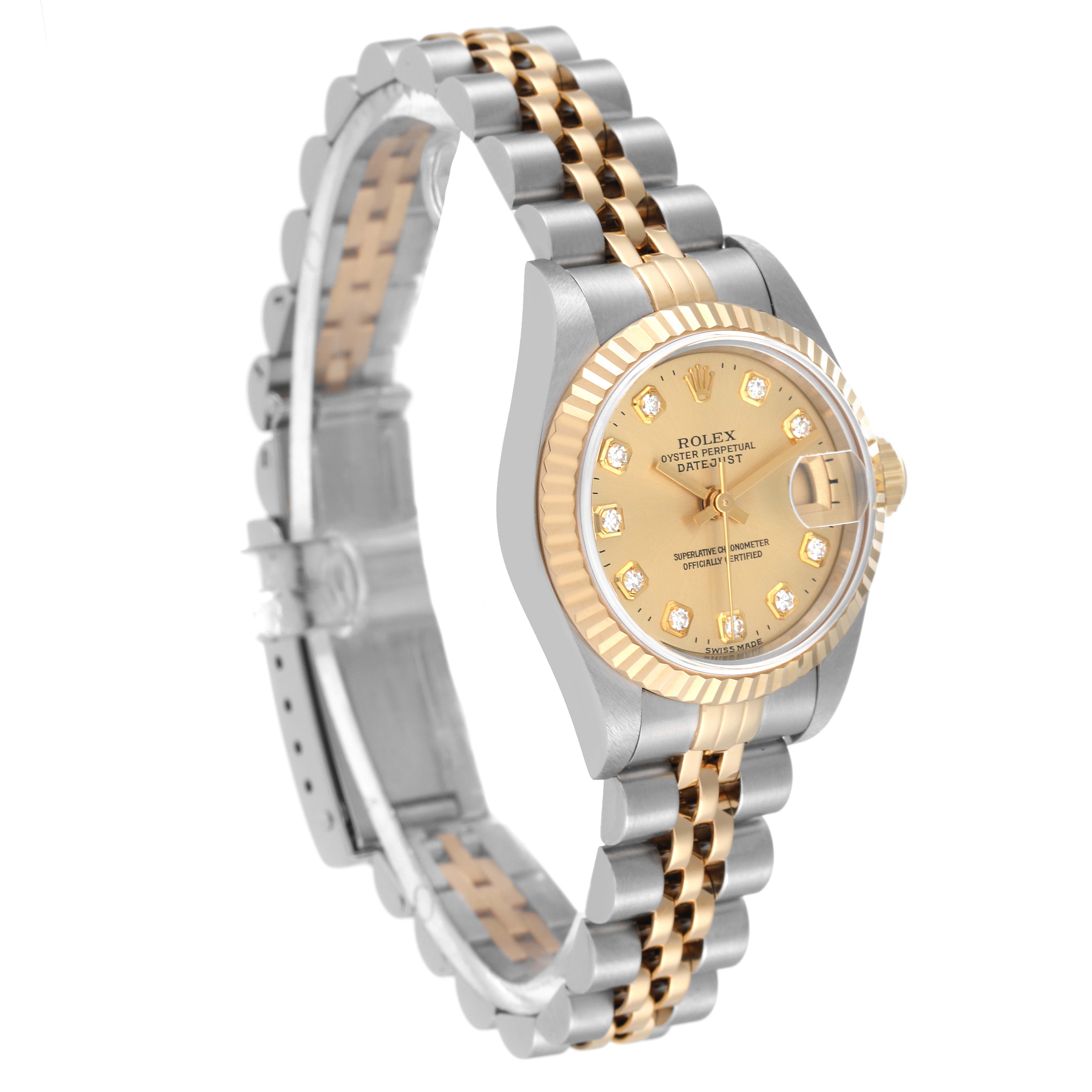 This image shows a side view of the Rolex Datejust 69173 Women's Steel and Gold (two tone) Champagne Dial 69173 Women's Steel and Gold (two tone) Champagne Dial watch, featuring its face, bezel, and two-tone bracelet.