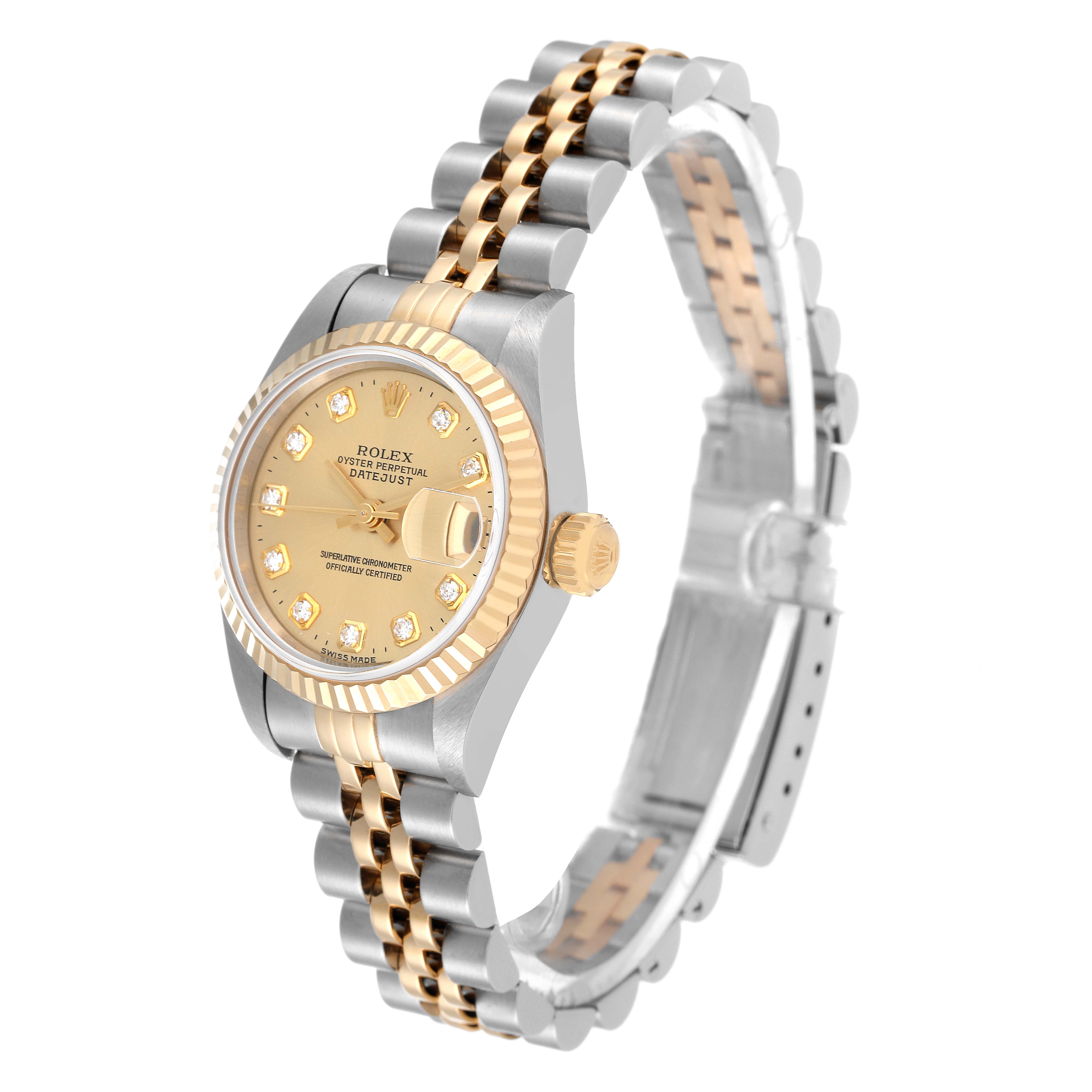 The image shows a Rolex Datejust 69173 Women's Steel and Gold (two tone) Champagne Dial 69173 Women's Steel and Gold (two tone) Champagne Dial watch at an angle displaying the face, bezel, crown, and bracelet.