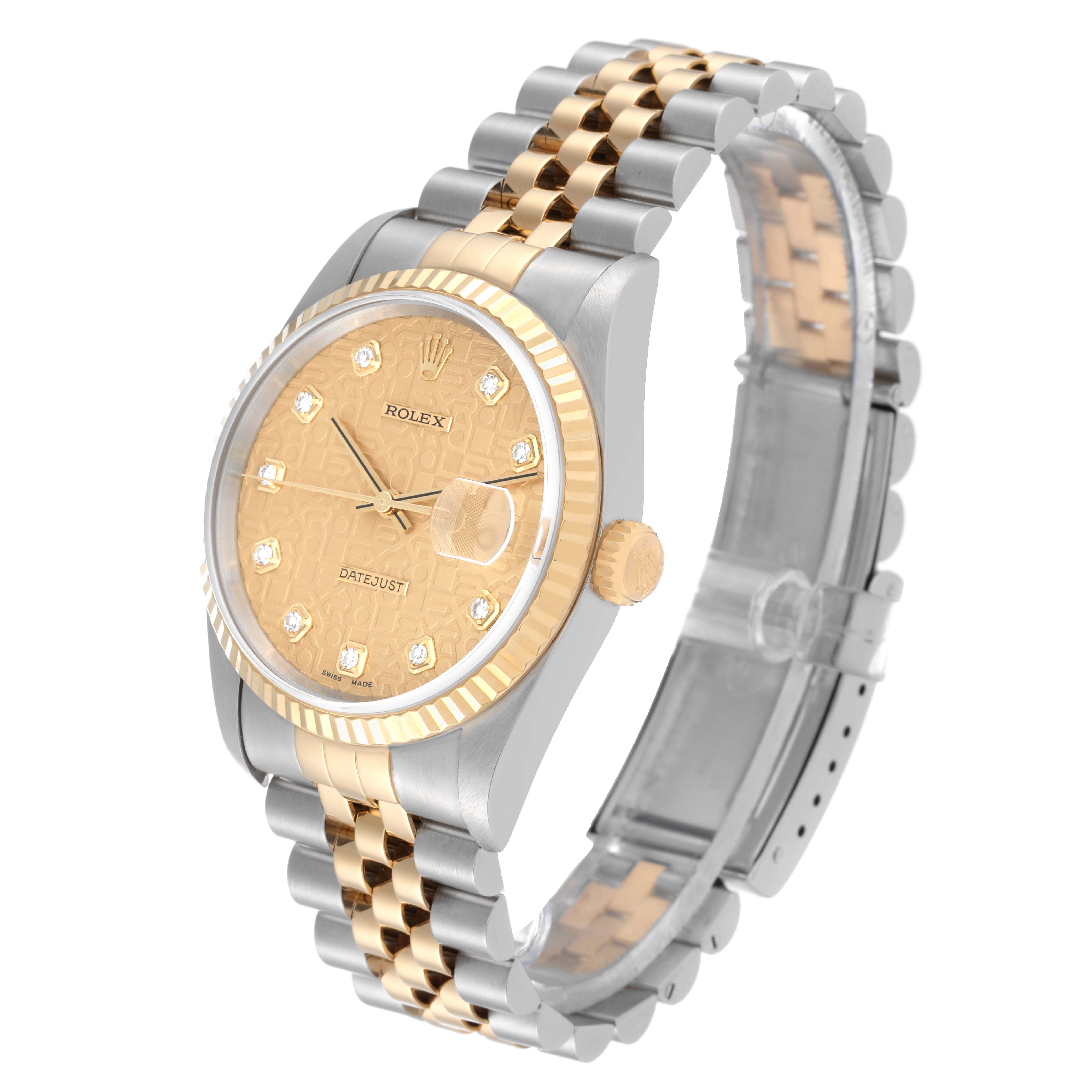 This image shows a Rolex Datejust 16233 Men's Steel and Gold (two tone) Champagne Dial 16233 Men's Steel and Gold (two tone) Champagne Dial watch from a front-left angle, highlighting its gold dial, bezel, and two-tone bracelet.