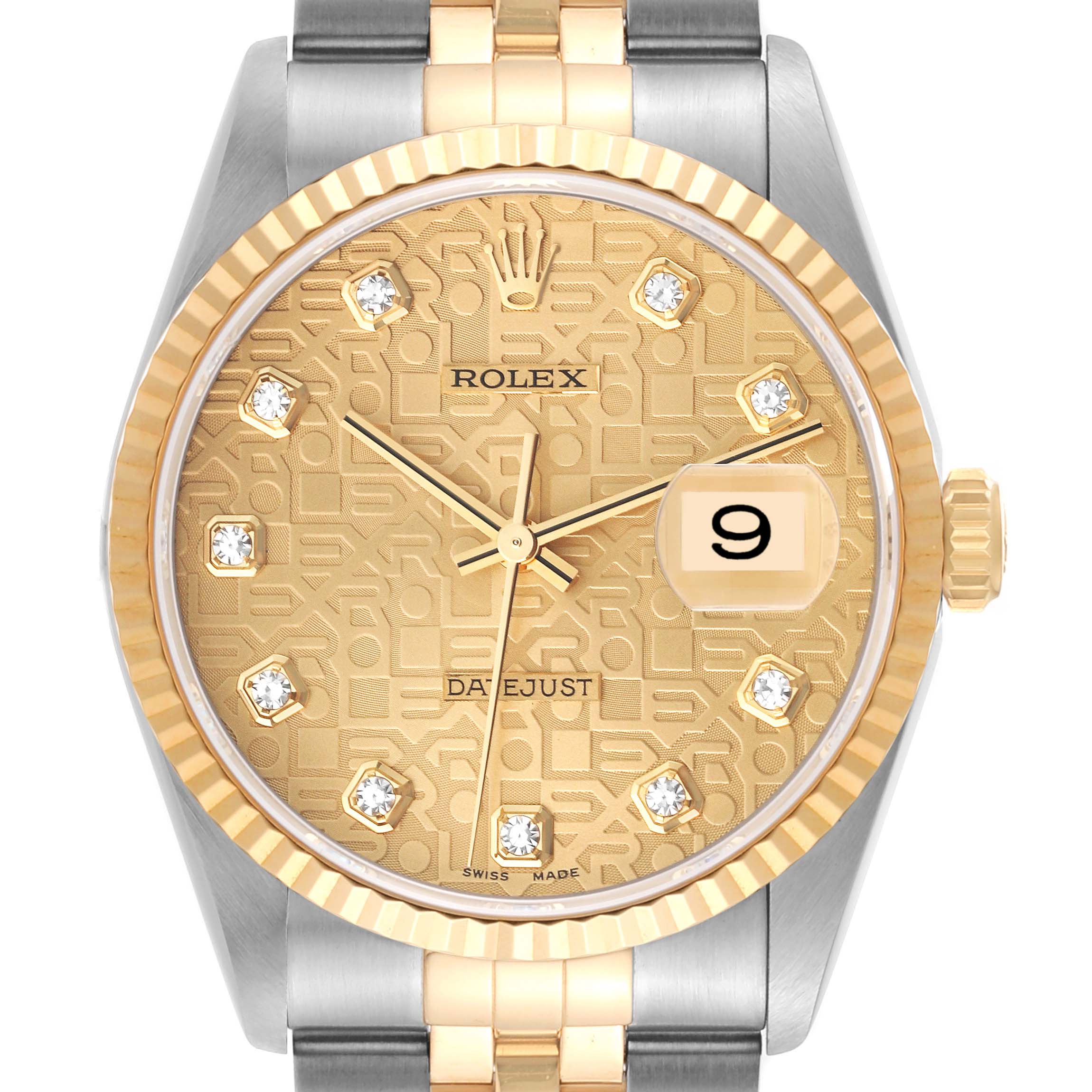 This image shows a frontal view of a Rolex Datejust 16233 Men's Steel and Gold (two tone) Champagne Dial 16233 Men's Steel and Gold (two tone) Champagne Dial watch, highlighting its gold dial, date window, and two-tone bracelet.