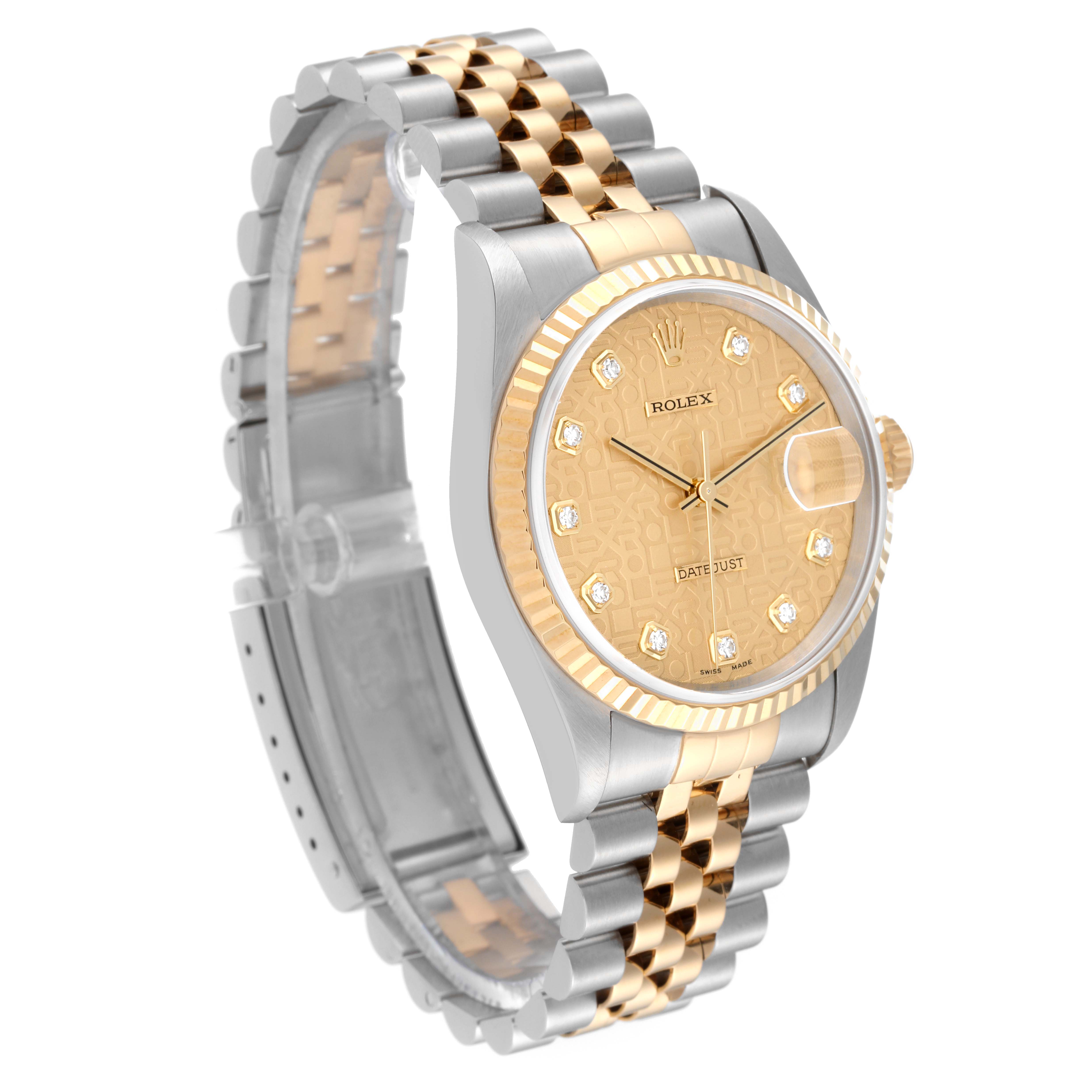 This Rolex Datejust 16233 Men's Steel and Gold (two tone) Champagne Dial 16233 Men's Steel and Gold (two tone) Champagne Dial model watch is shown at an angled view highlighting its face, bracelet, and bezel.