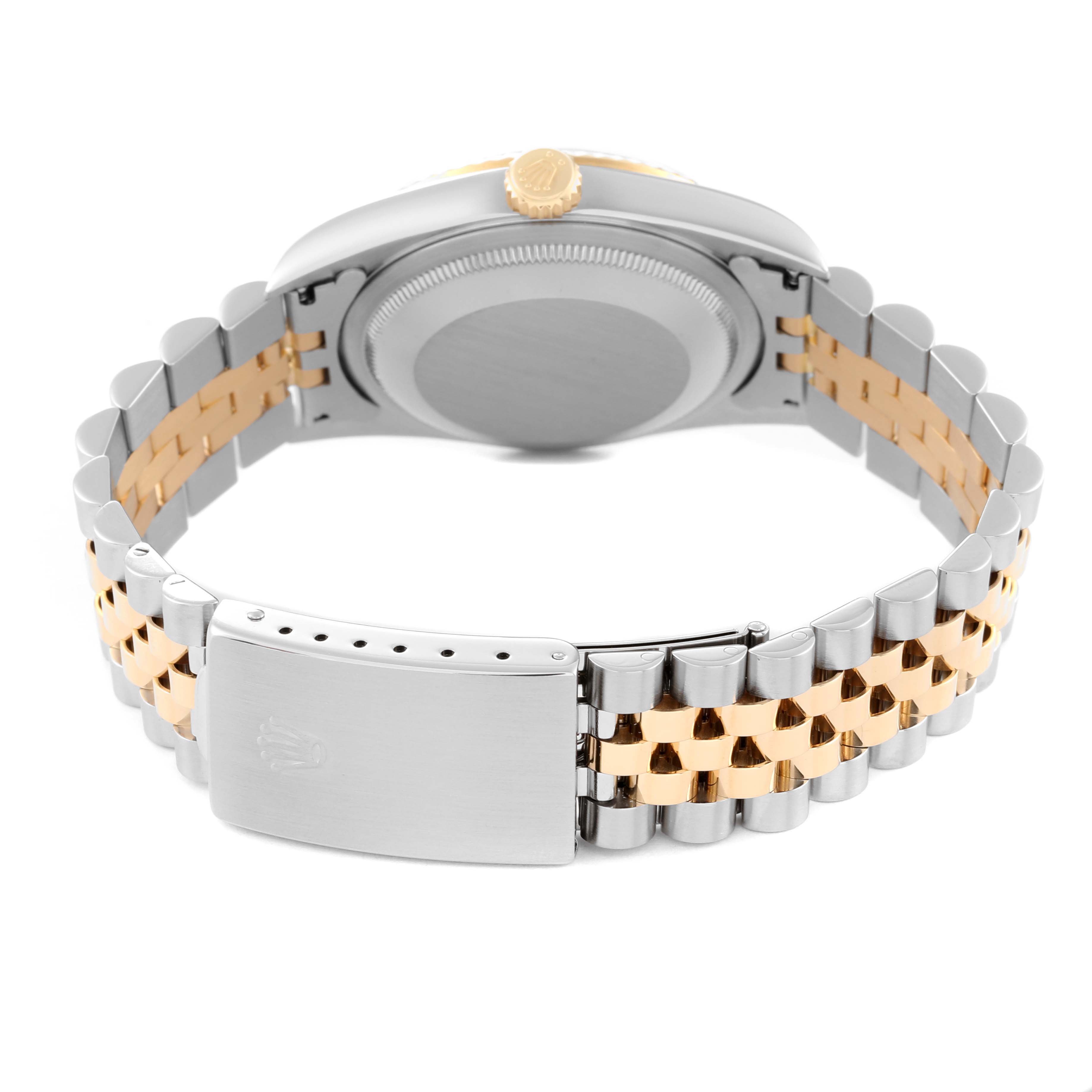 The image shows the back and bracelet clasp of a Rolex Datejust 16233 Men's Steel and Gold (two tone) Champagne Dial 16233 Men's Steel and Gold (two tone) Champagne Dial watch, featuring a two-tone metal design.