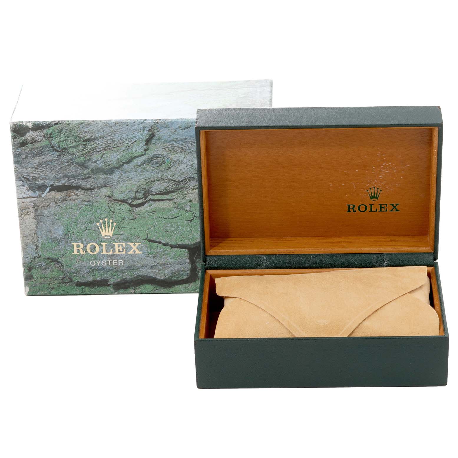 The image shows an open Rolex Datejust 16233 Men's Steel and Gold (two tone) Champagne Dial 16233 Men's Steel and Gold (two tone) Champagne Dial watch box and an outer packaging box, both emphasizing the brand's luxury presentation.