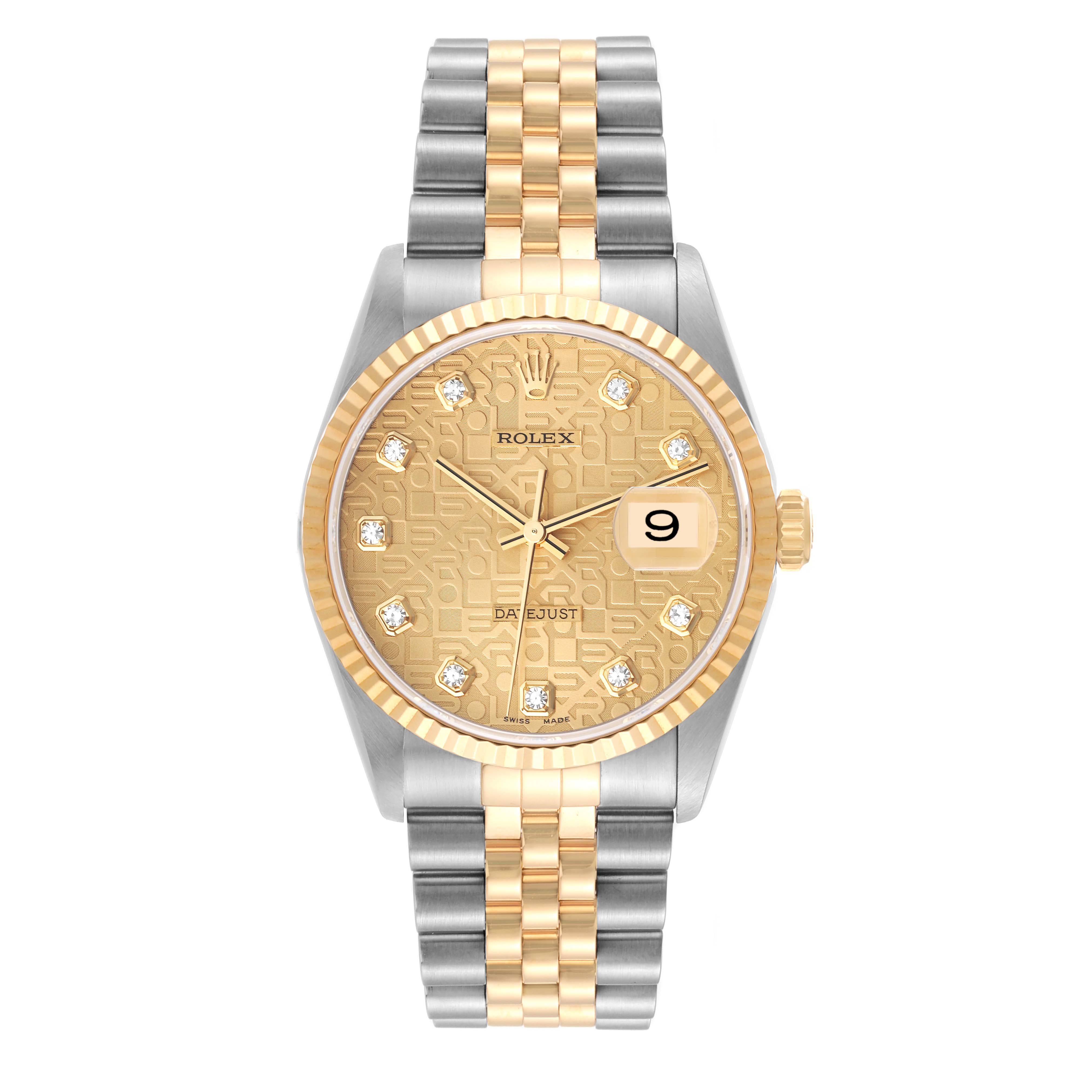 This Rolex Datejust 16233 Men's Steel and Gold (two tone) Champagne Dial 16233 Men's Steel and Gold (two tone) Champagne Dial watch is shown from a top-down angle, displaying its face, bezel, and two-tone bracelet.
