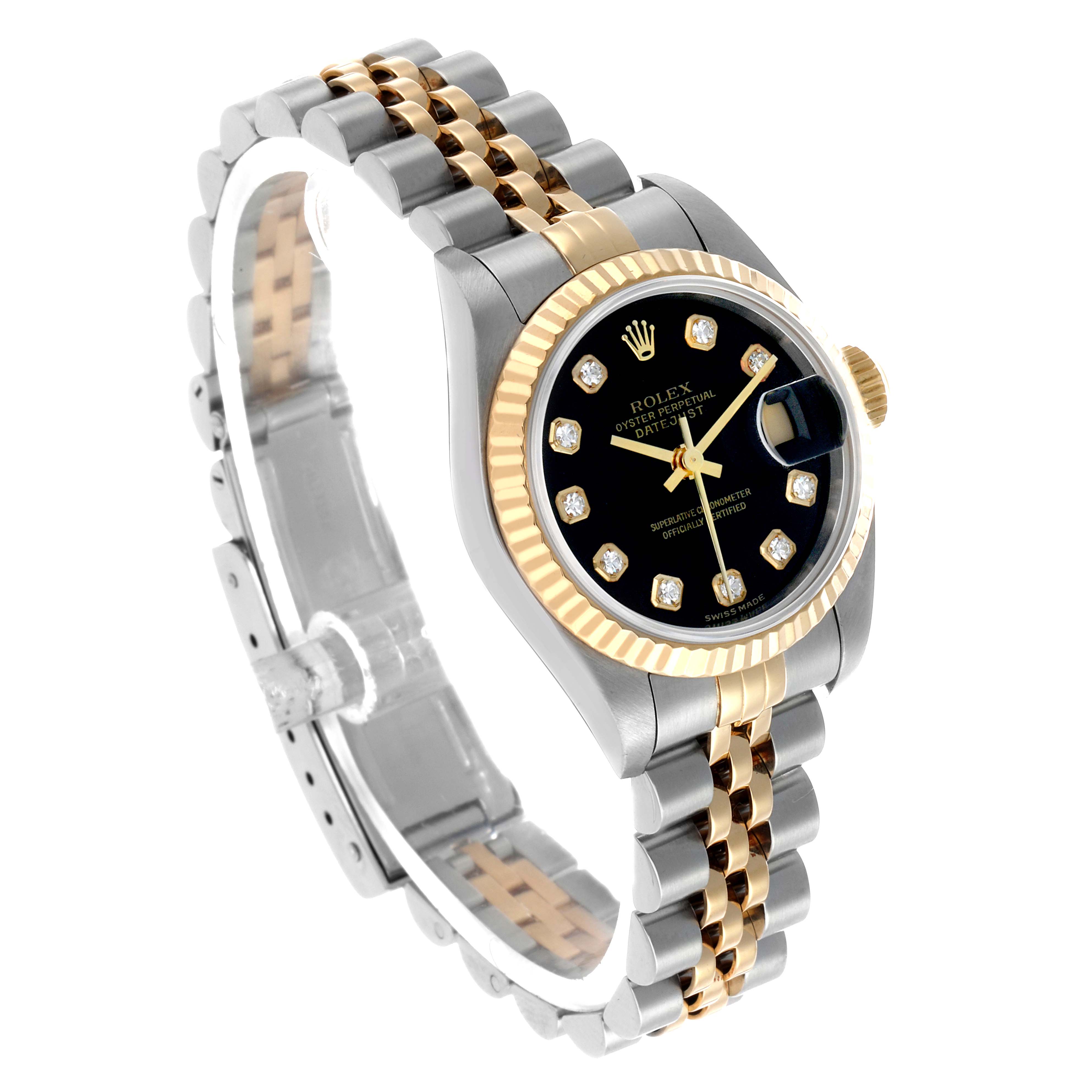 The Rolex Datejust 79173 Women's Steel and Gold (two tone) Black Dial watch is shown at an angled view, displaying its face, gold fluted bezel, and two-tone bracelet.
