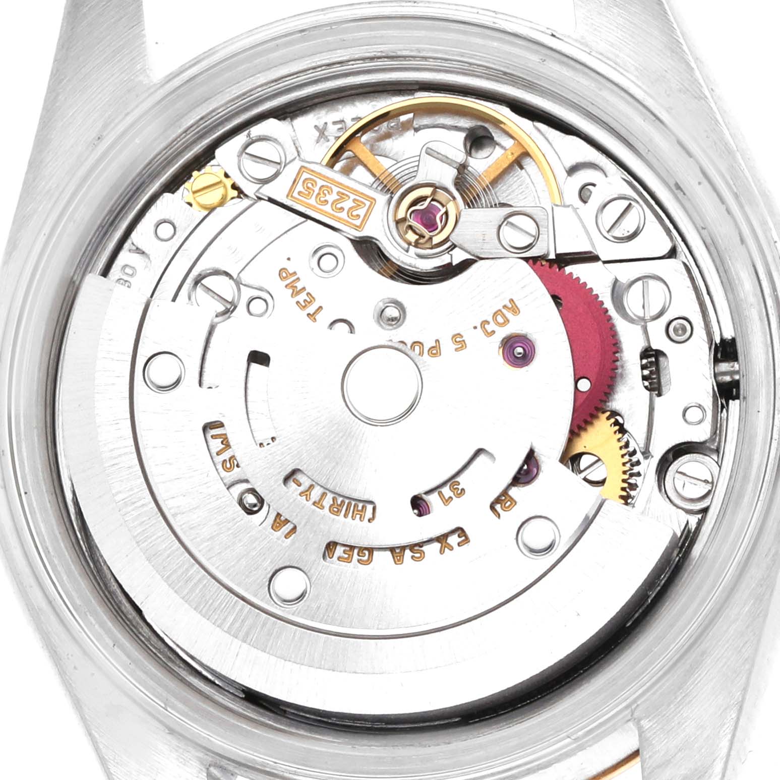 The image shows the movement of a Rolex Datejust 79173 Women's Steel and Gold (two tone) Black Dial watch from a top-down angle, displaying gears and mechanical components.