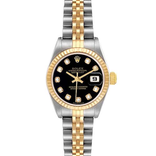The Rolex Datejust 79173 Women's Steel and Gold (two tone) Black Dial watch is shown from a front view, highlighting the black dial, date window, and two-tone bracelet.