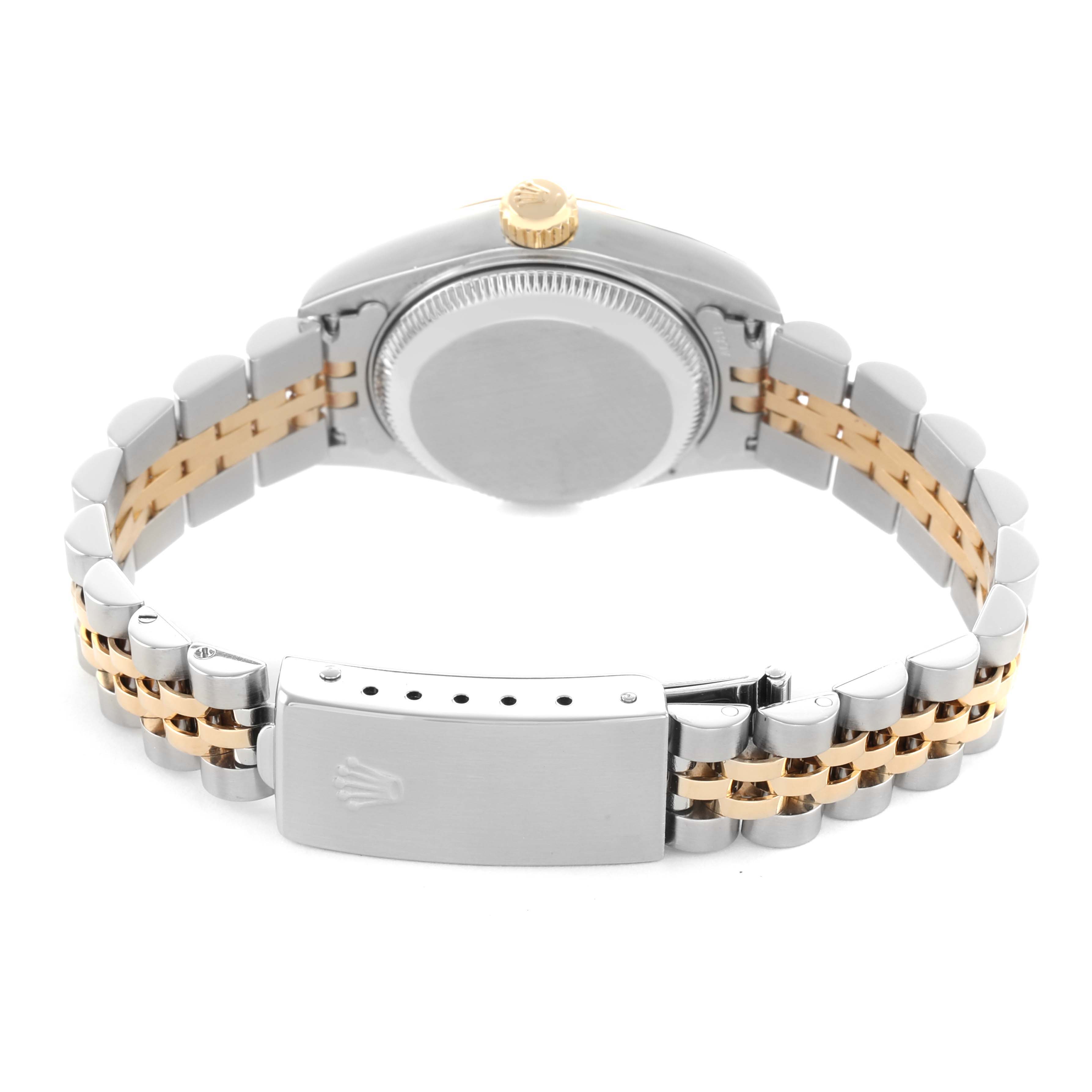 The image shows the Rolex Datejust 79173 Women's Steel and Gold (two tone) Black Dial watch from the back, highlighting the case, crown, and two-tone Jubilee bracelet with the clasp.
