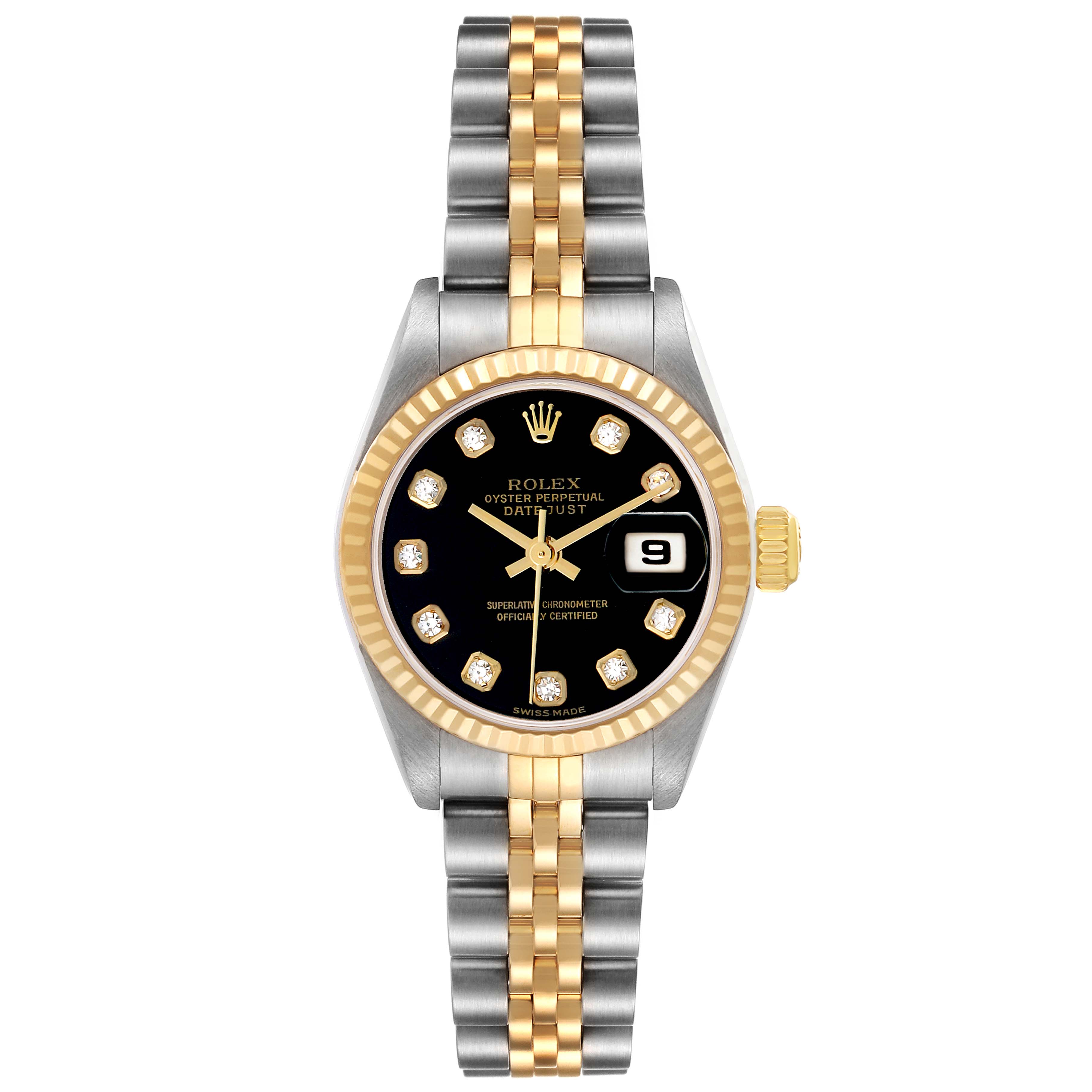 This Rolex Datejust 79173 Women's Steel and Gold (two tone) Black Dial watch is shown from a front angle, highlighting the dial, bezel, and bracelet.