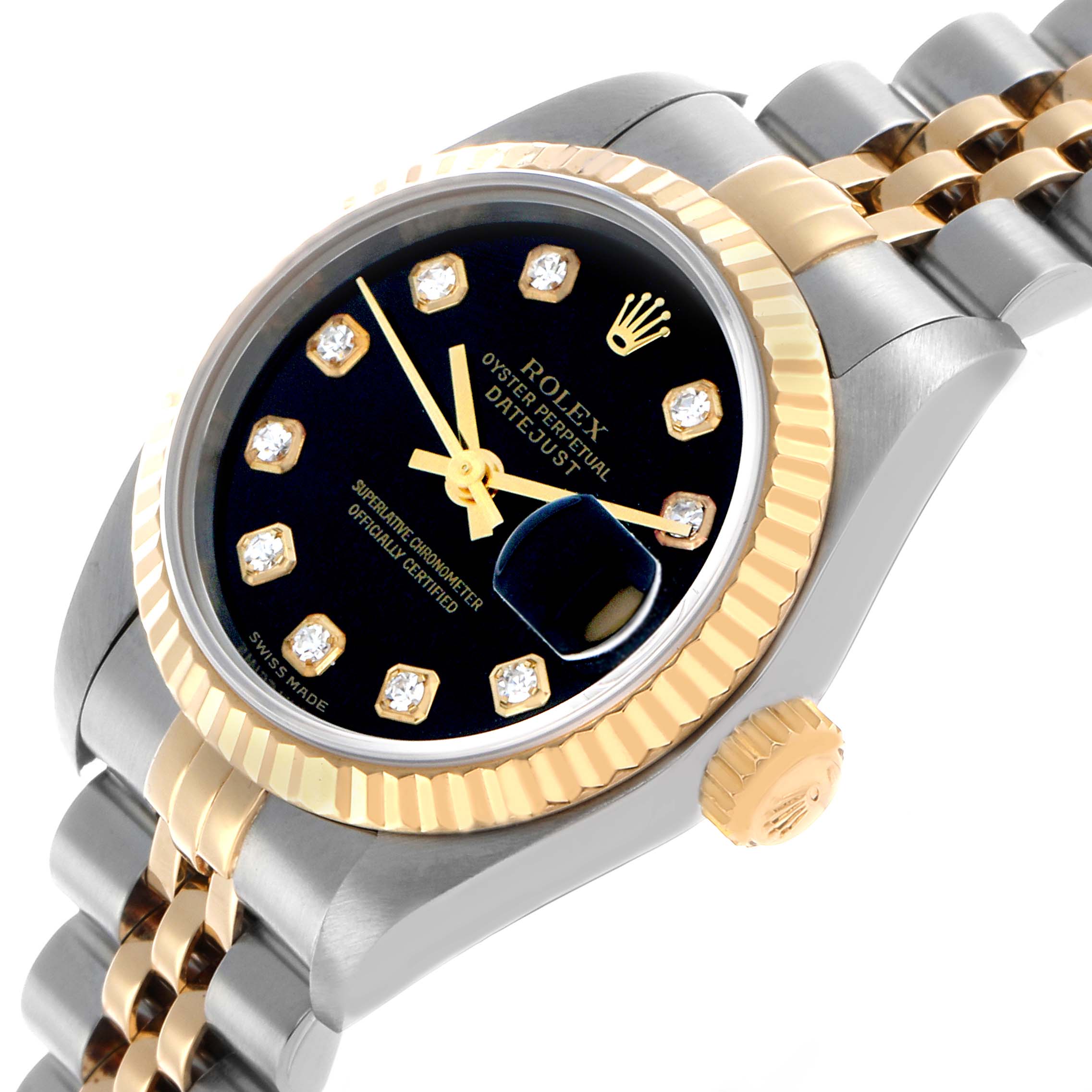 The Rolex Datejust 79173 Women's Steel and Gold (two tone) Black Dial watch is shown at an angled side view, showcasing the face, fluted bezel, crown, and part of the bracelet.
