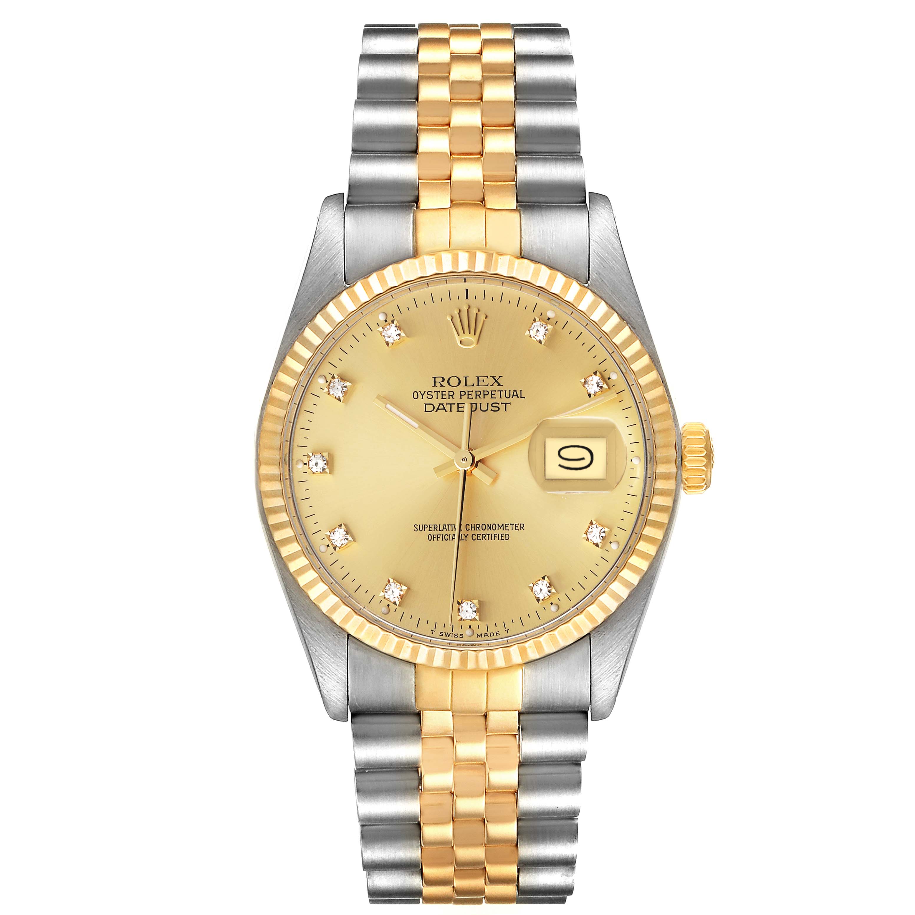 This is a frontal view of the Rolex Vintage Collection 16013 Men's Steel and Gold (two tone) Champagne Dial 16013 Men's Steel and Gold (two tone) Champagne Dial Oyster Perpetual Datejust watch, showing the face, bezel, crown, and bracelet.