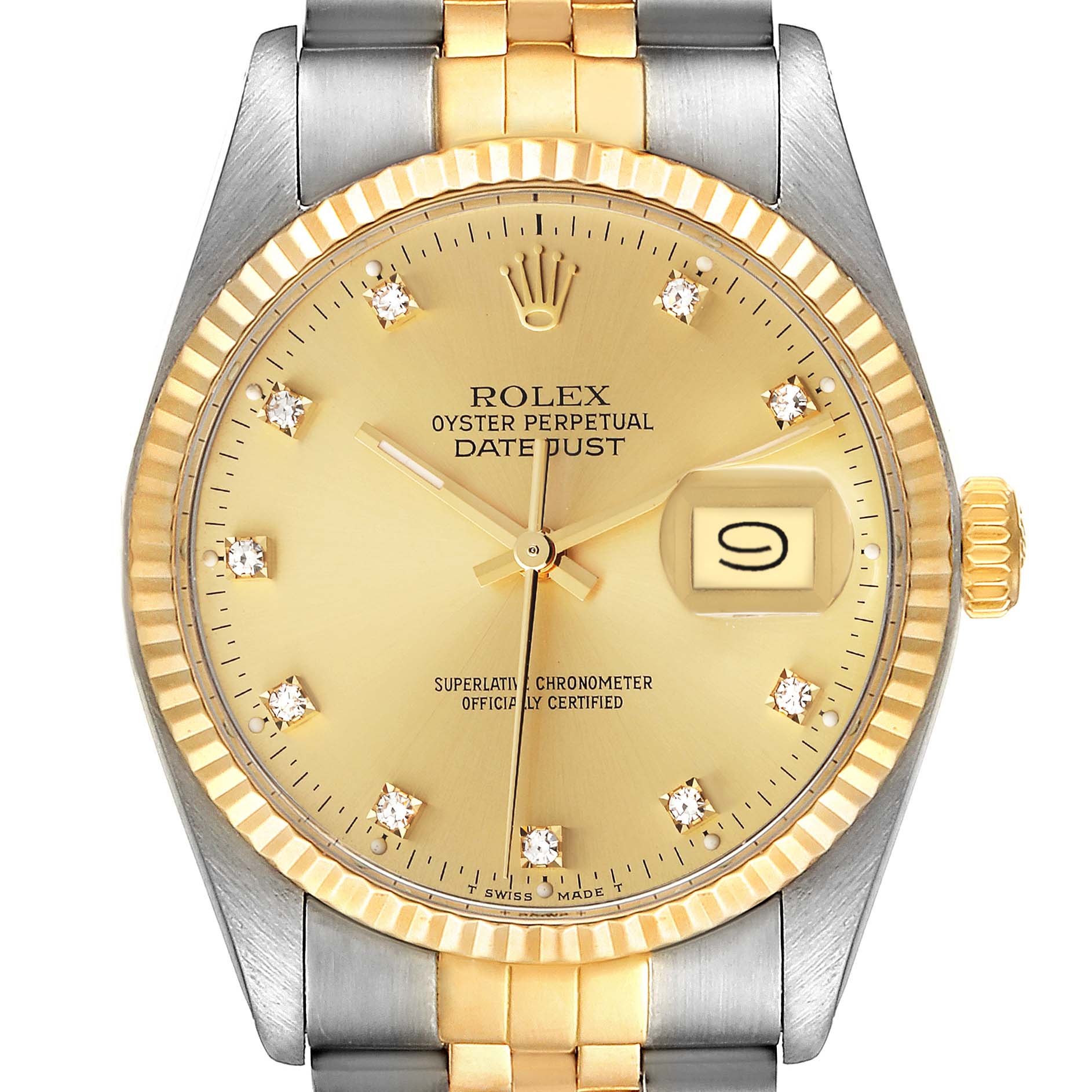 The image shows a front view of the Rolex Vintage Collection 16013 Men's Steel and Gold (two tone) Champagne Dial 16013 Men's Steel and Gold (two tone) Champagne Dial Datejust watch, highlighting its dial, bezel, hands, and part of the band.