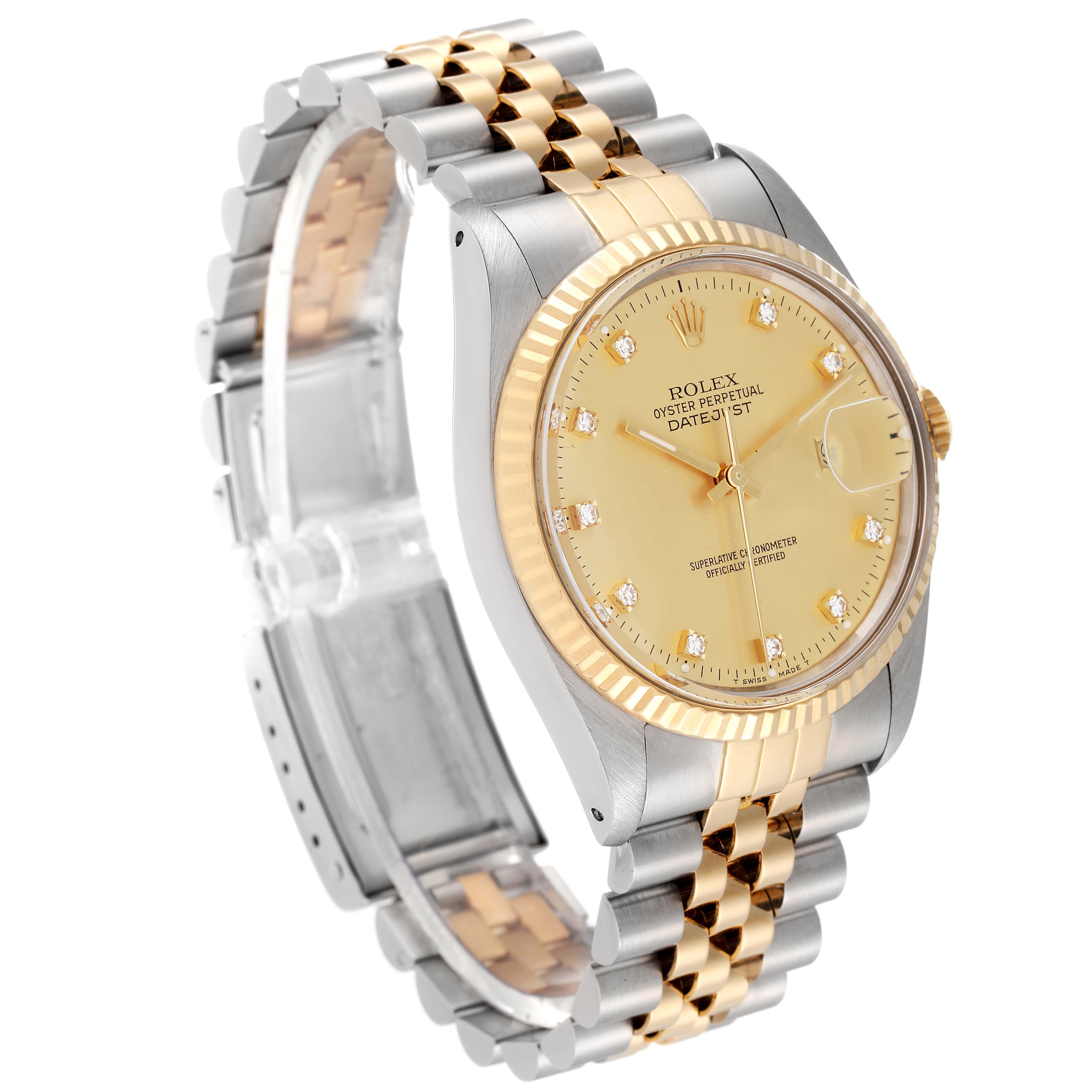 The image shows a Rolex Vintage Collection 16013 Men's Steel and Gold (two tone) Champagne Dial 16013 Men's Steel and Gold (two tone) Champagne Dial watch angled to display its face, bezel, and metallic strap.