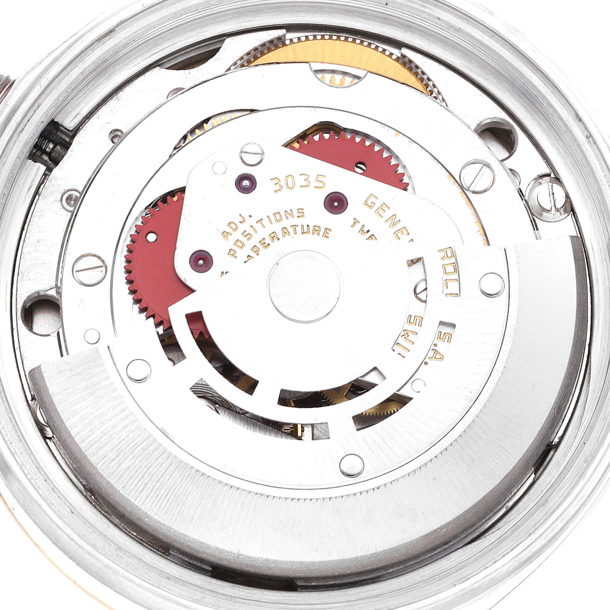 The image shows the internal mechanism of the Rolex Vintage Collection 16013 Men's Steel and Gold (two tone) Champagne Dial 16013 Men's Steel and Gold (two tone) Champagne Dial watch, focusing on its movement components from a top-down angle.
