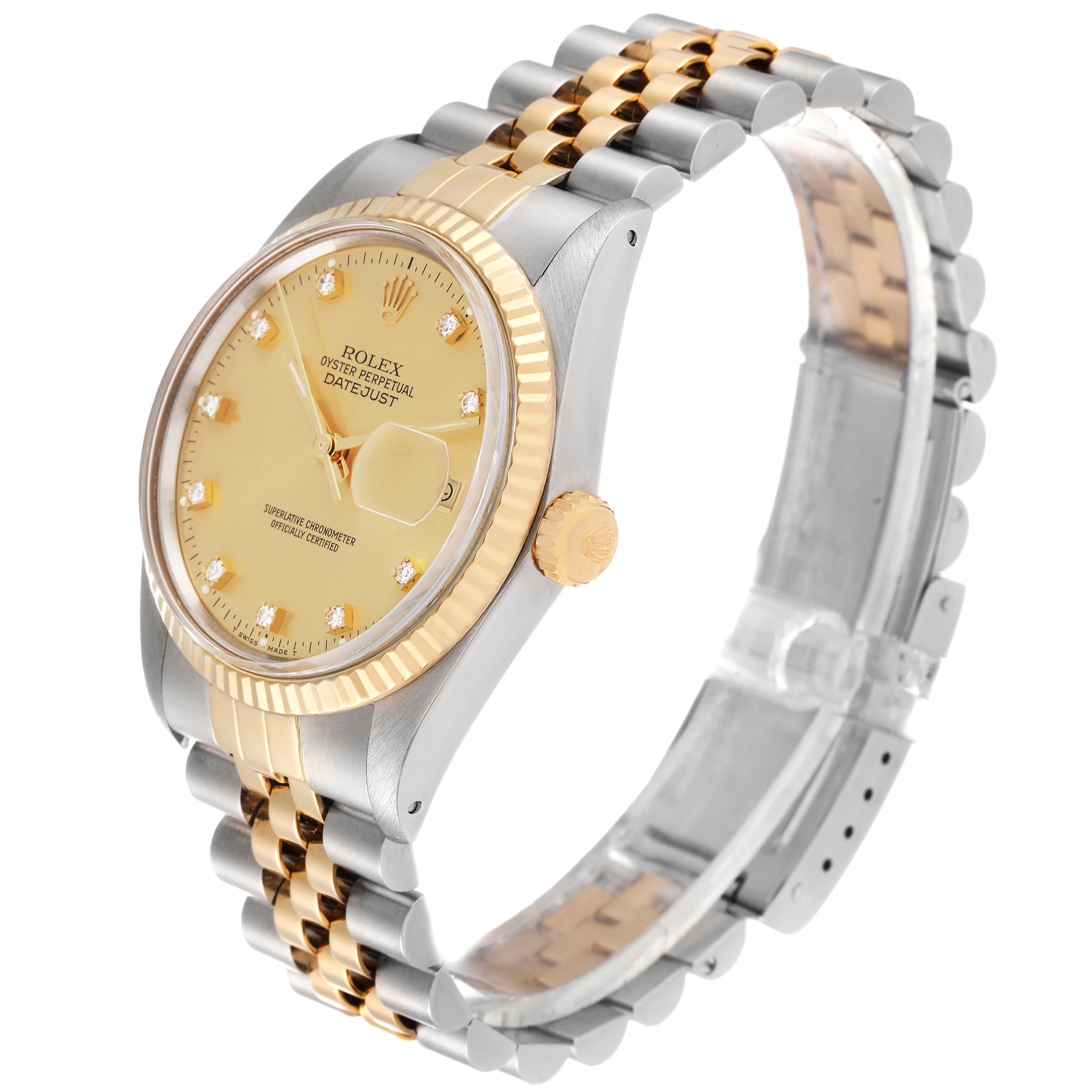 The Rolex Vintage Collection 16013 Men's Steel and Gold (two tone) Champagne Dial 16013 Men's Steel and Gold (two tone) Champagne Dial watch is shown from an angled side view, highlighting the two-tone bracelet and gold dial.