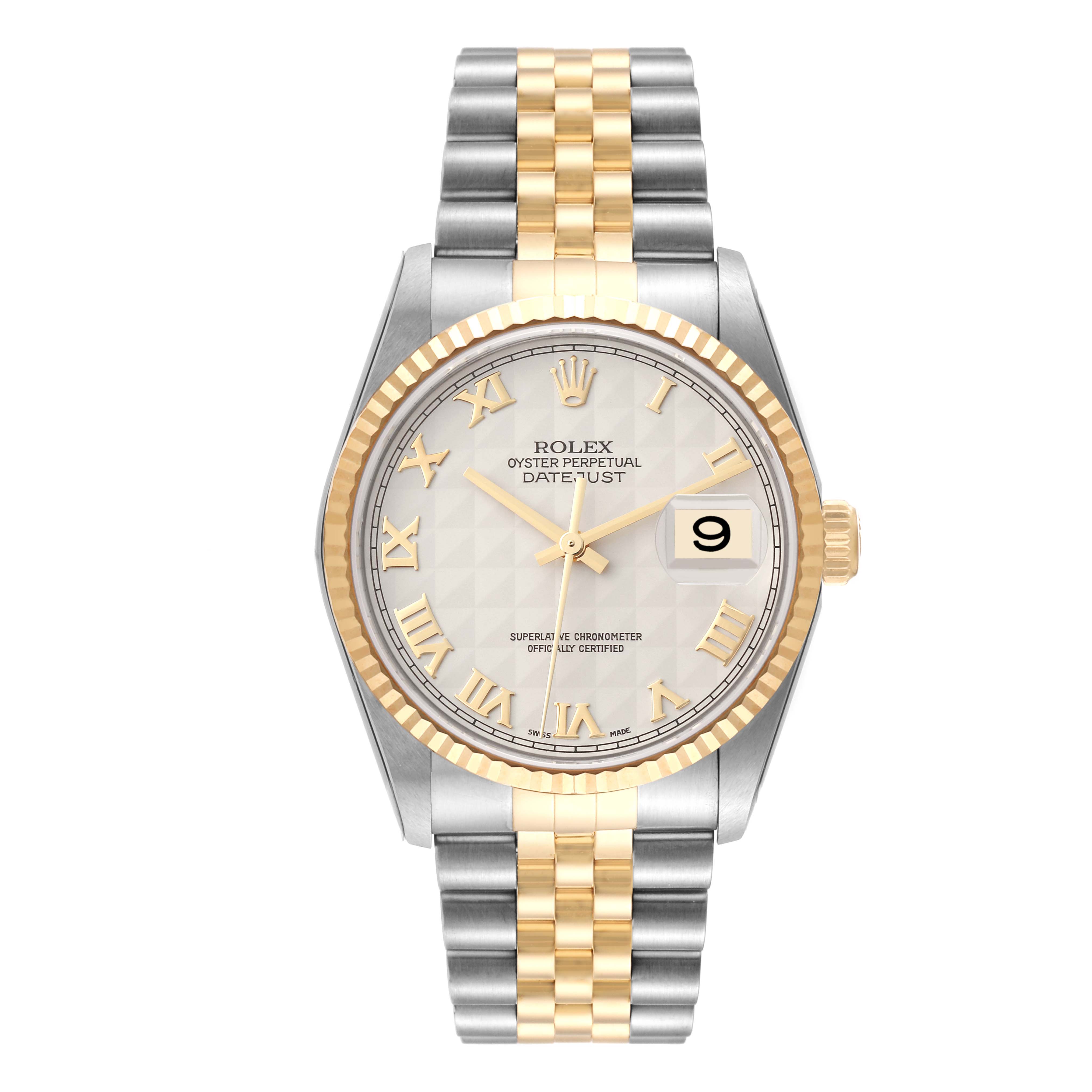 The Rolex Datejust 16233 Men's Steel and Gold (two tone) Beige Dial 16233 Men's Steel and Gold (two tone) Beige Dial watch is shown from a front angle, displaying its face, bezel, and two-tone bracelet.