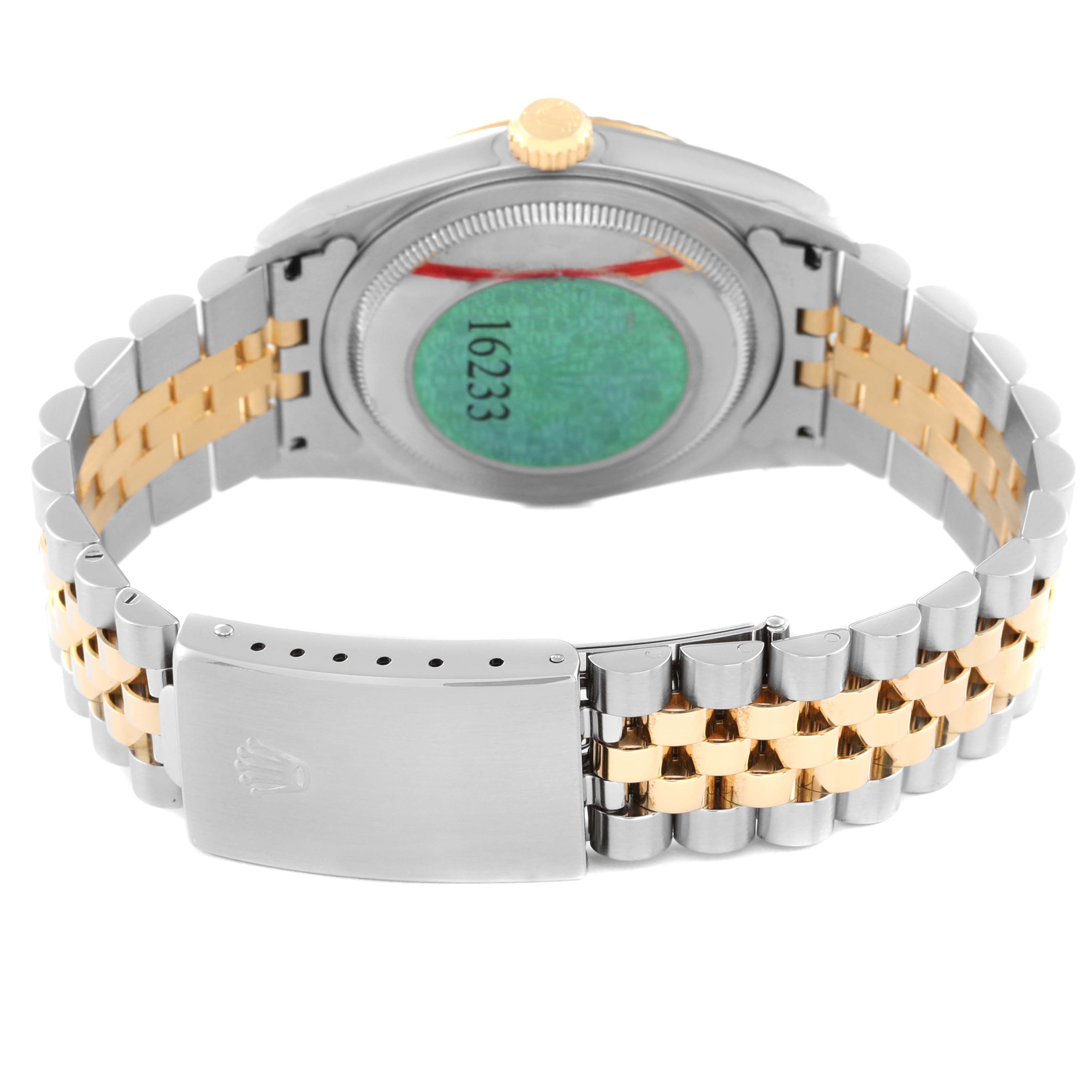 The image shows the back of the Rolex Datejust 16233 Men's Steel and Gold (two tone) Beige Dial 16233 Men's Steel and Gold (two tone) Beige Dial watch, highlighting the clasp, bracelet, and case back.