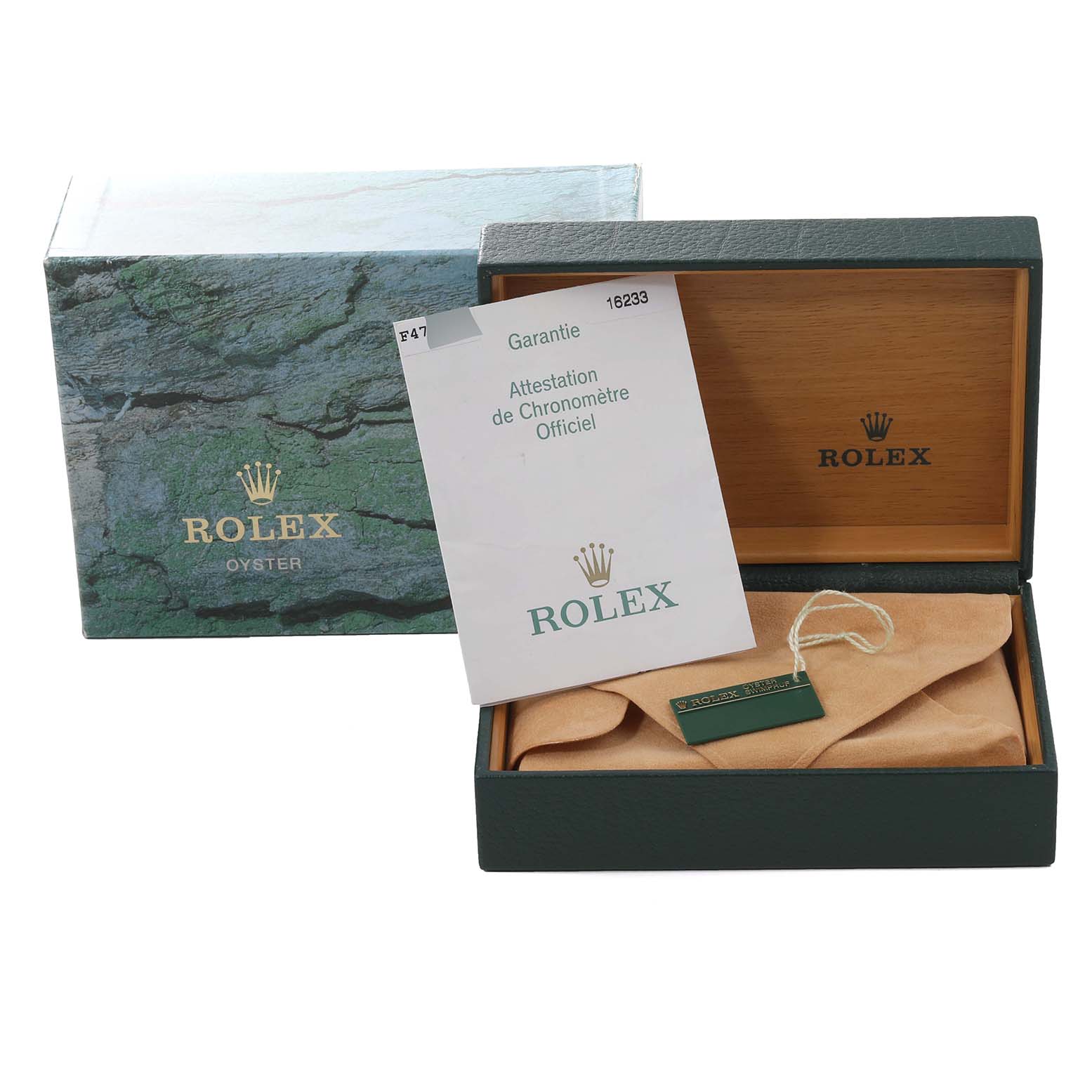 This image shows the box and warranty card for a Rolex Datejust 16233 Men's Steel and Gold (two tone) Beige Dial 16233 Men's Steel and Gold (two tone) Beige Dial watch, with the box slightly open to reveal an interior pouch.