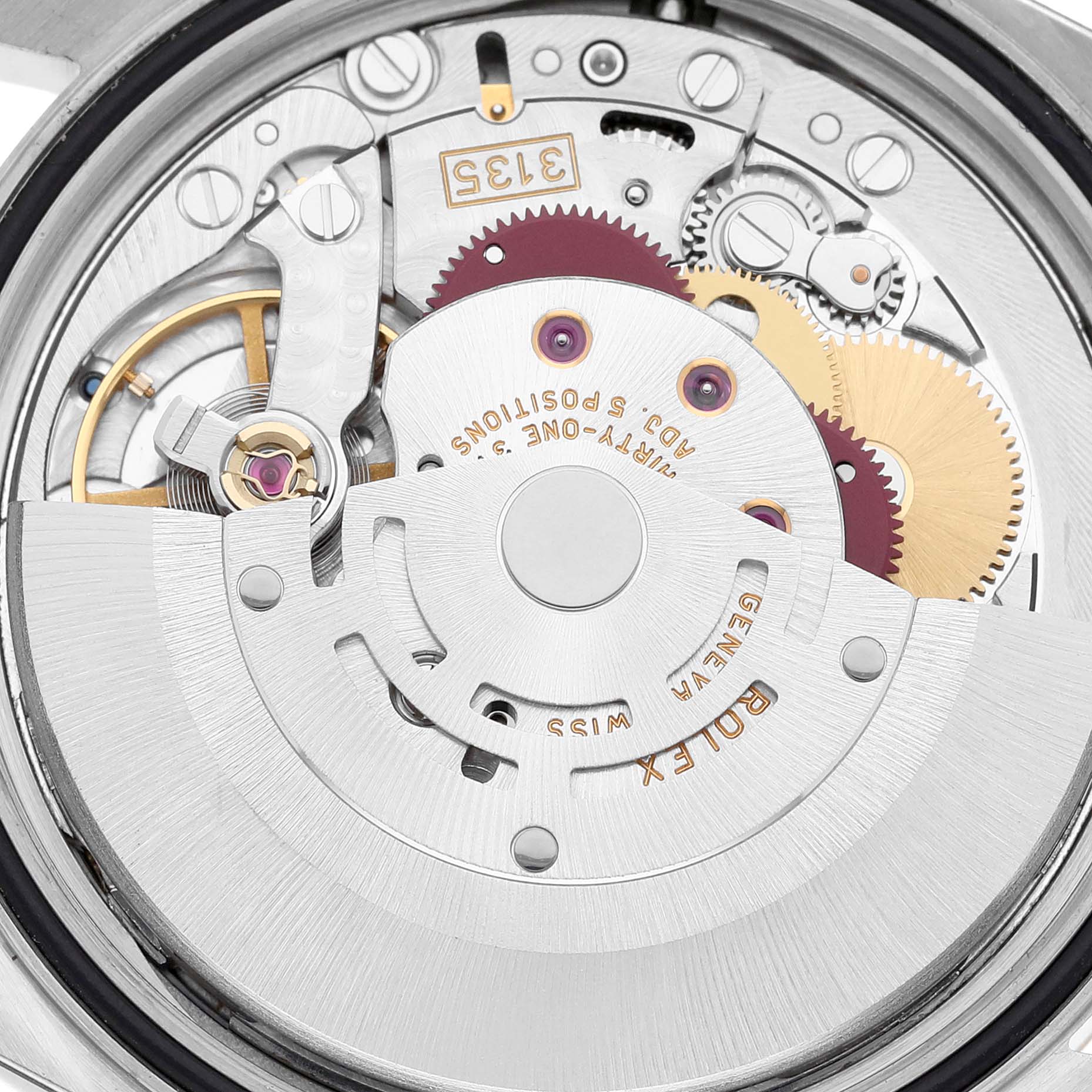 The image shows the internal mechanism of a Rolex Datejust 16233 Men's Steel and Gold (two tone) Beige Dial 16233 Men's Steel and Gold (two tone) Beige Dial watch with visible gears and the oscillating weight.