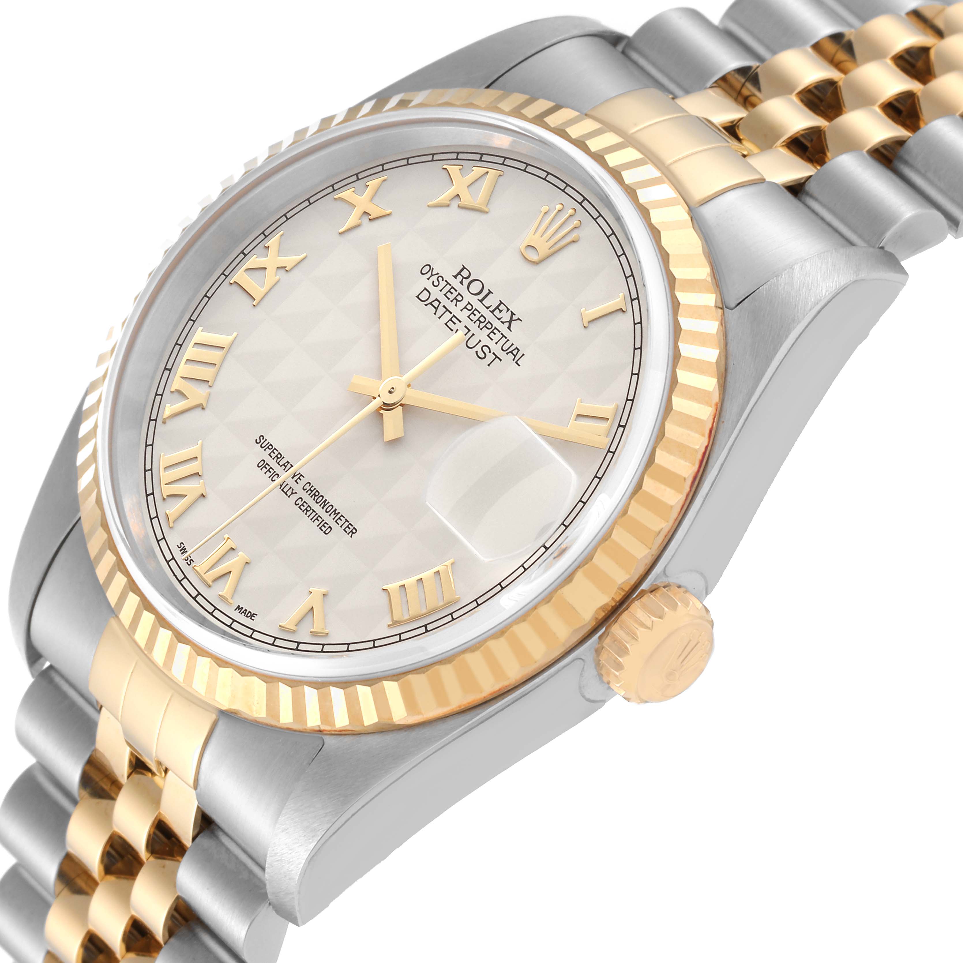 The image shows a Rolex Datejust 16233 Men's Steel and Gold (two tone) Beige Dial 16233 Men's Steel and Gold (two tone) Beige Dial watch at an angled side view, highlighting its two-tone bracelet, fluted bezel, and dial with Roman numerals.