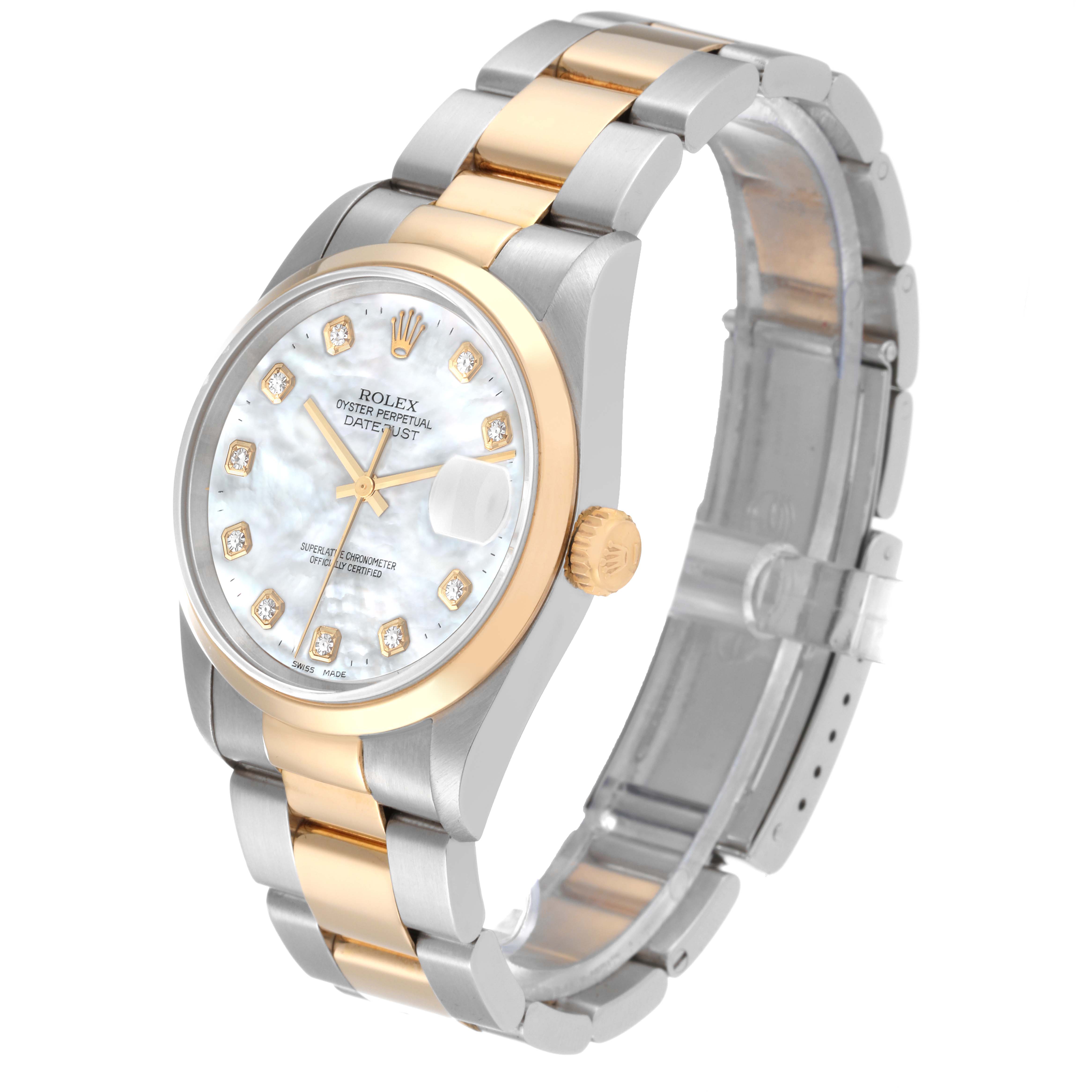 The image shows a Rolex Datejust 16203 Men's Steel and Gold (two tone) Mother of Pearl Dial 16203 Men's Steel and Gold (two tone) Mother of Pearl Dial model watch angled from the front-left, highlighting the dial, bezel, and bracelet.