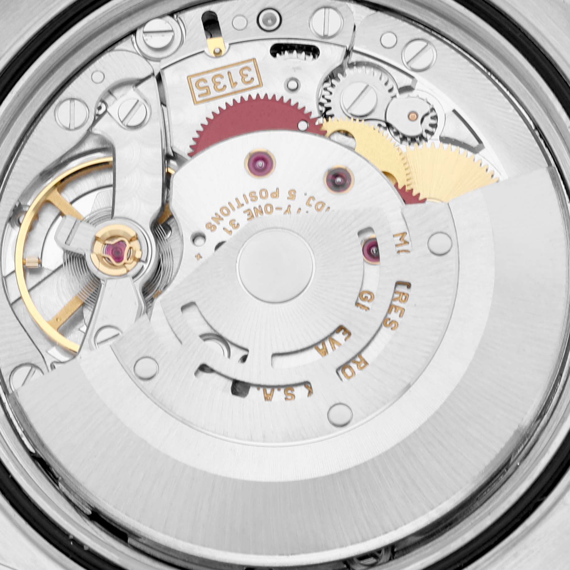 This is an internal view of the Rolex Datejust 16203 Men's Steel and Gold (two tone) Mother of Pearl Dial 16203 Men's Steel and Gold (two tone) Mother of Pearl Dial, showing the intricate watch movement components.