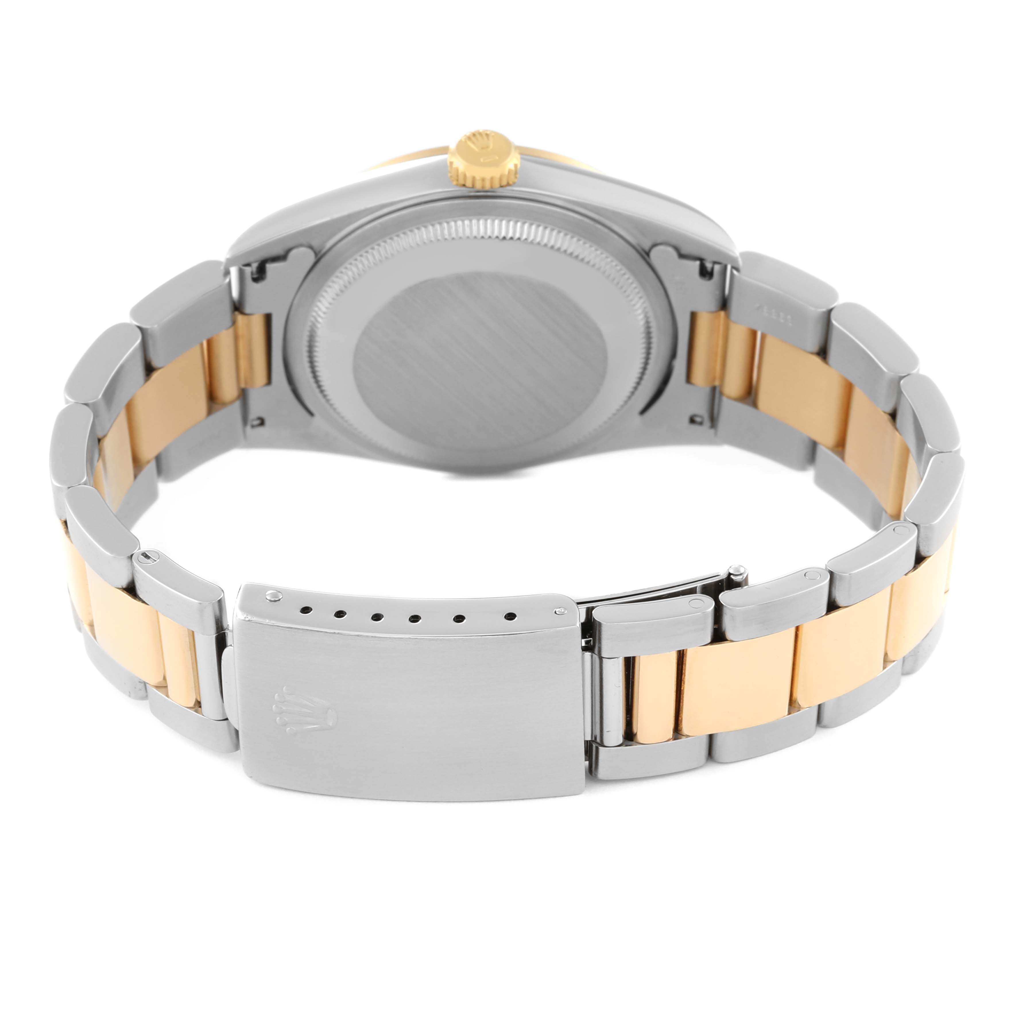 This image shows the back case and bracelet clasp of a Rolex Datejust 16203 Men's Steel and Gold (two tone) Mother of Pearl Dial 16203 Men's Steel and Gold (two tone) Mother of Pearl Dial watch, viewed from a rear angle.