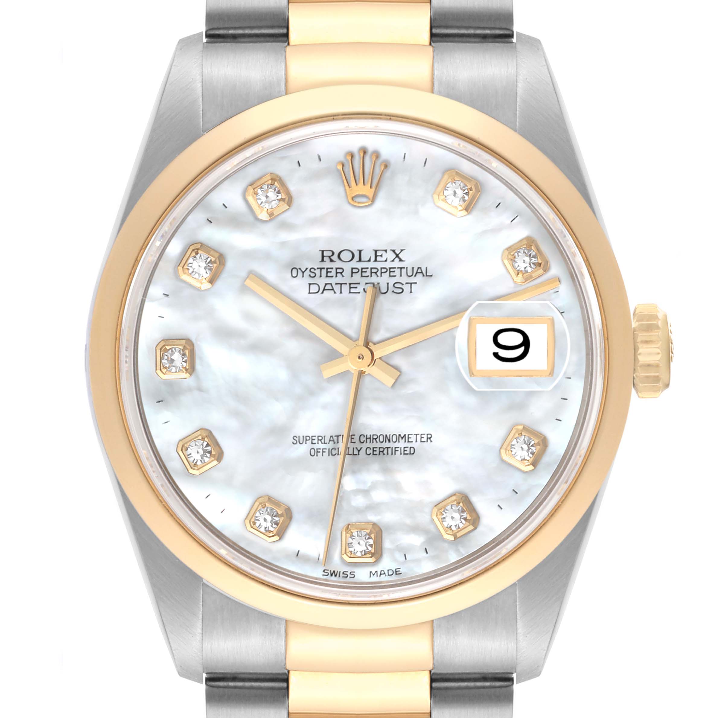This image shows a frontal view of a Rolex Datejust 16203 Men's Steel and Gold (two tone) Mother of Pearl Dial 16203 Men's Steel and Gold (two tone) Mother of Pearl Dial watch, highlighting its dial, bezel, crown, and part of the bracelet.